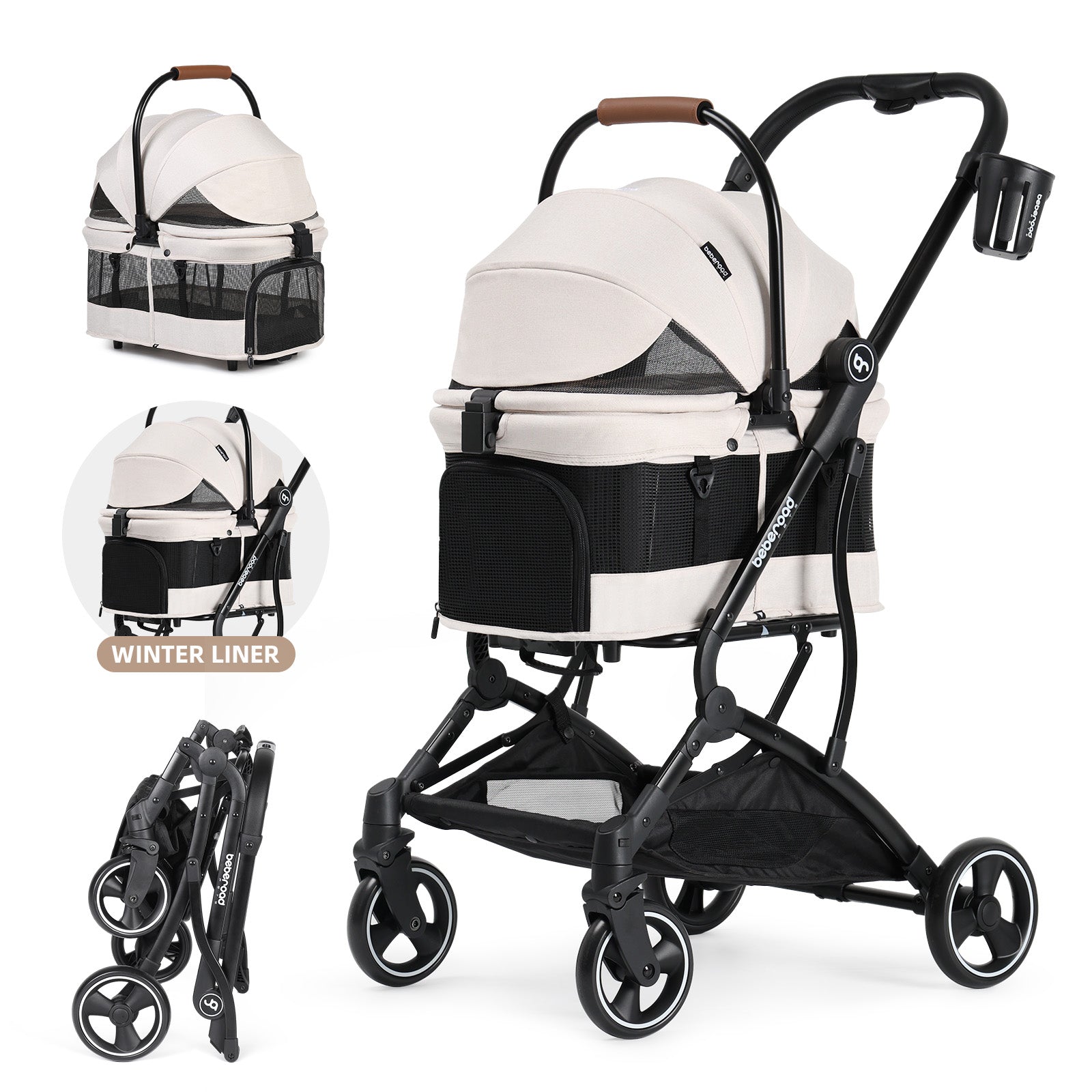 Beberoad T3 3-in-1 Pet Stroller | Detachable Carrier | with Pad, Canopy and Cup Holder