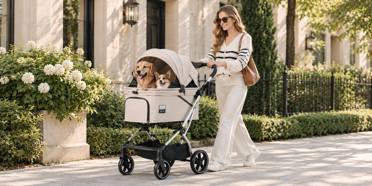 Pet parent enjoying a walk with a Beberoad pet stroller