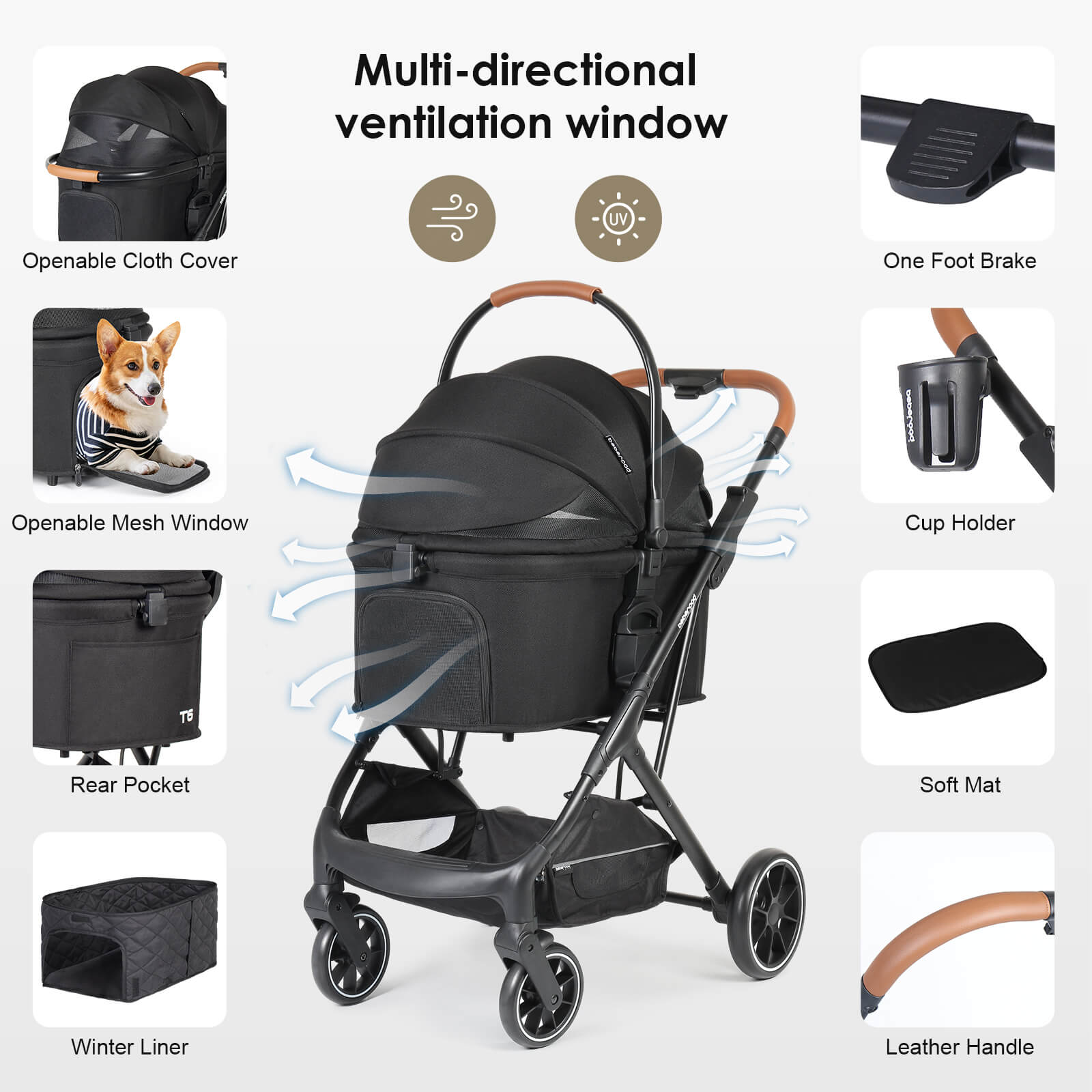 Beberoad T6 Luxury Pet Stroller | Foldable and Carrier -Detachable | for Medium Pets