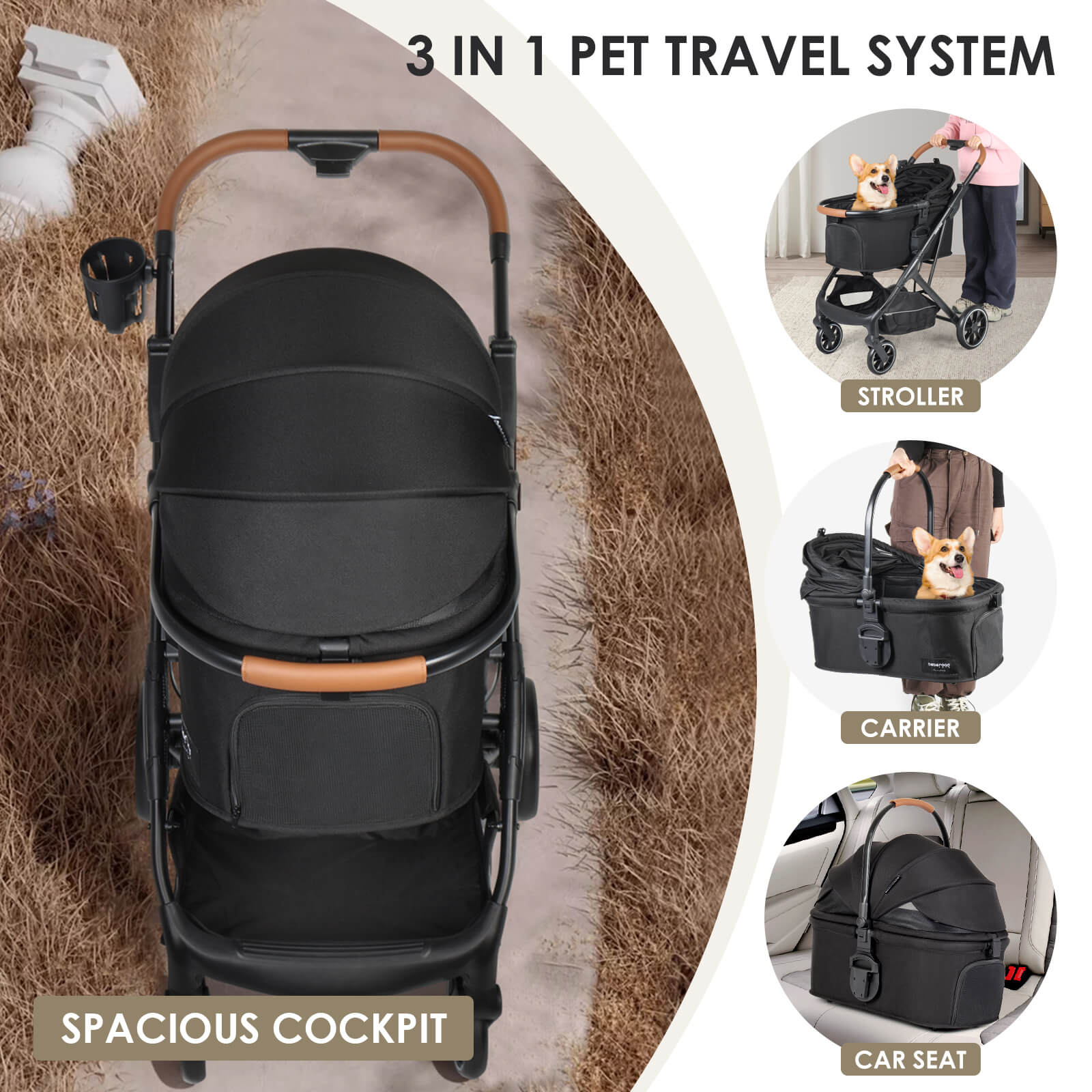 Beberoad T6 Luxury Pet Stroller | Foldable and Carrier -Detachable | for Medium Pets