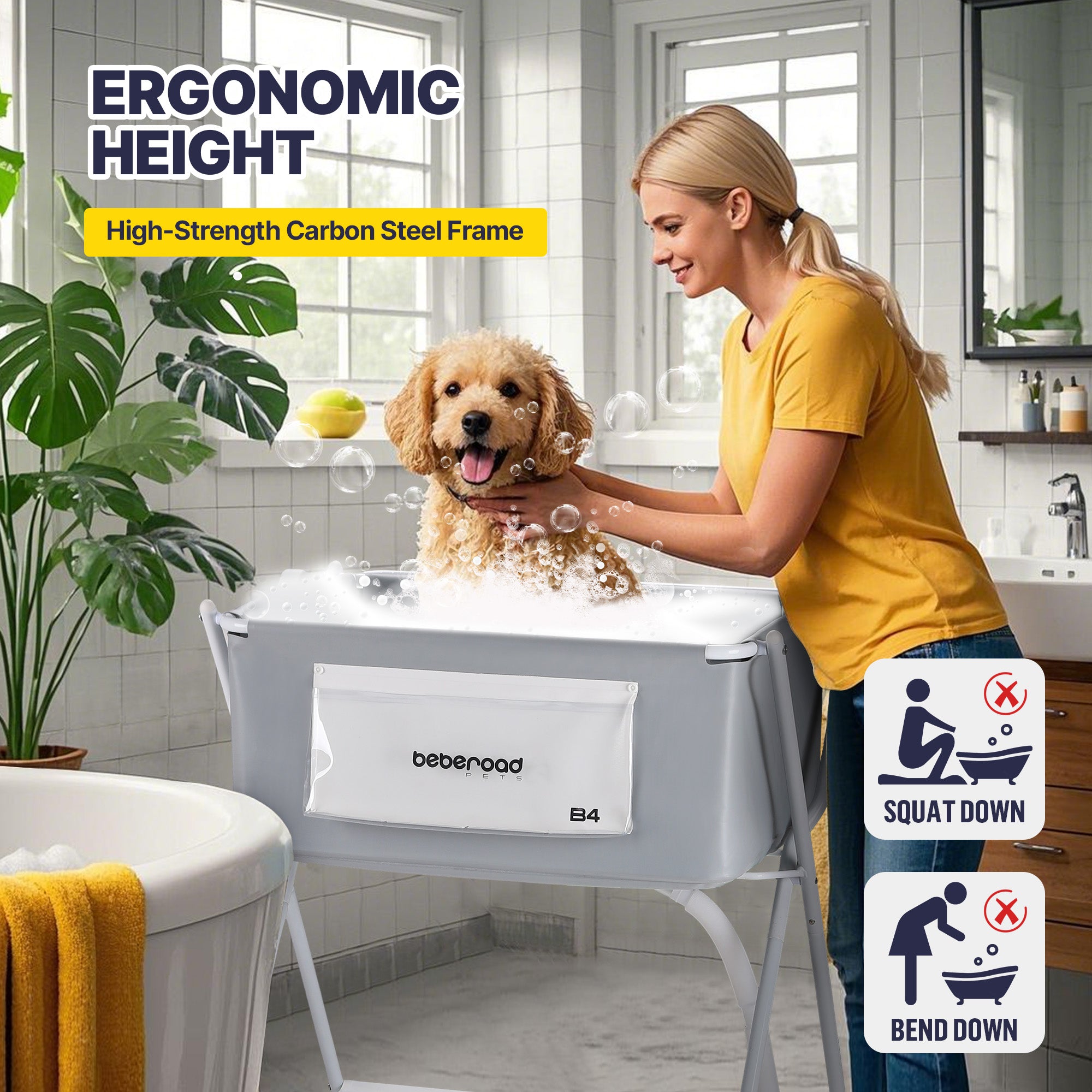 B4 Pet Bath Tub with storage pockets and towel bar for bathing essentials