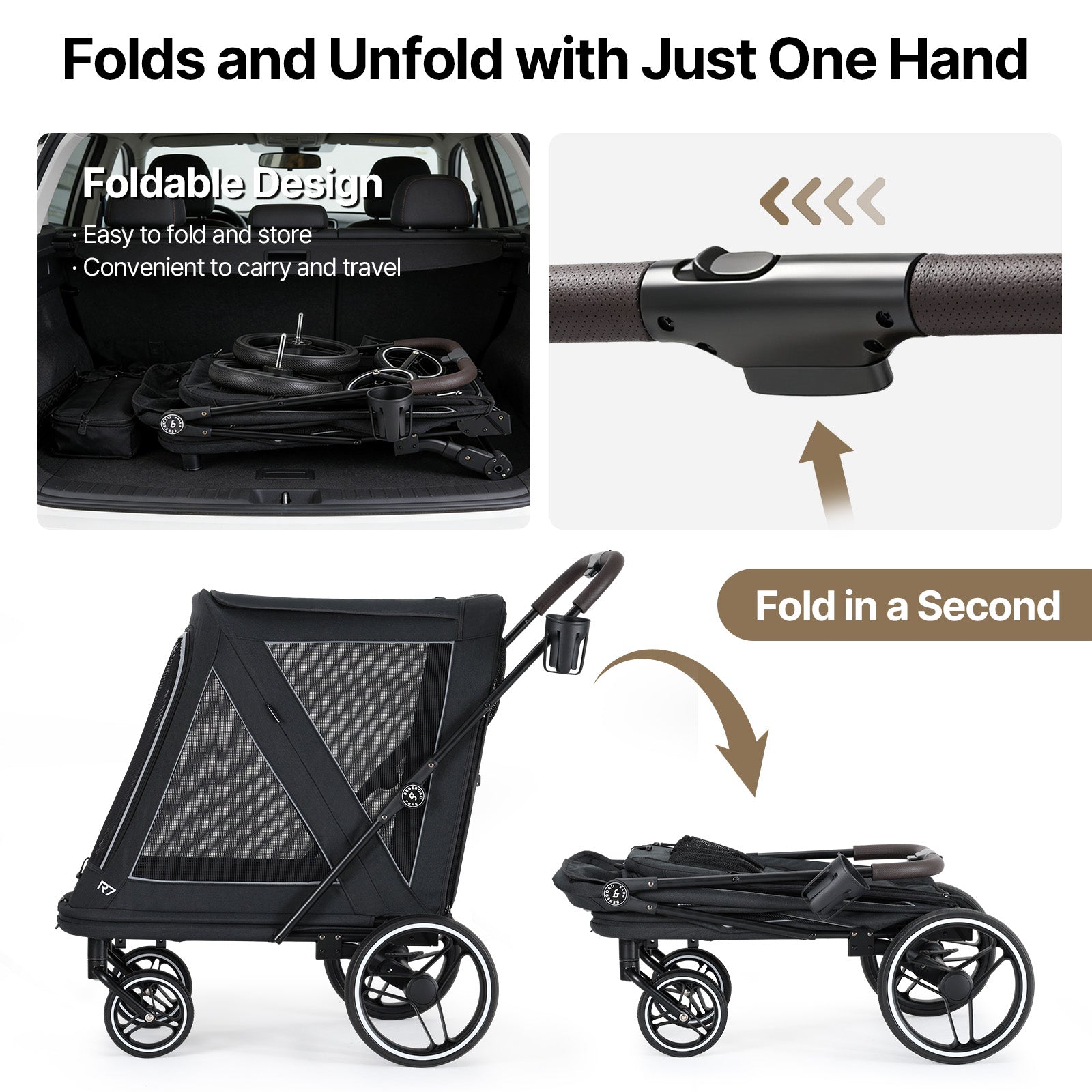 Beberoad R7 All-Terrain Dog Stroller – One-Second Fold, Shock-Absorbing ER Tires, Panoramic Mesh Design