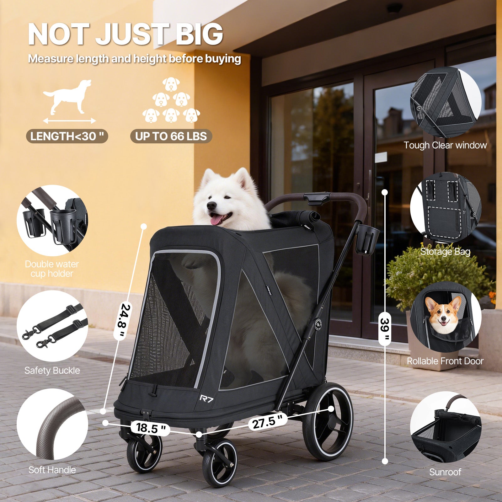 Beberoad R7 All-Terrain Dog Stroller – One-Second Fold, Shock-Absorbing ER Tires, Panoramic Mesh Design