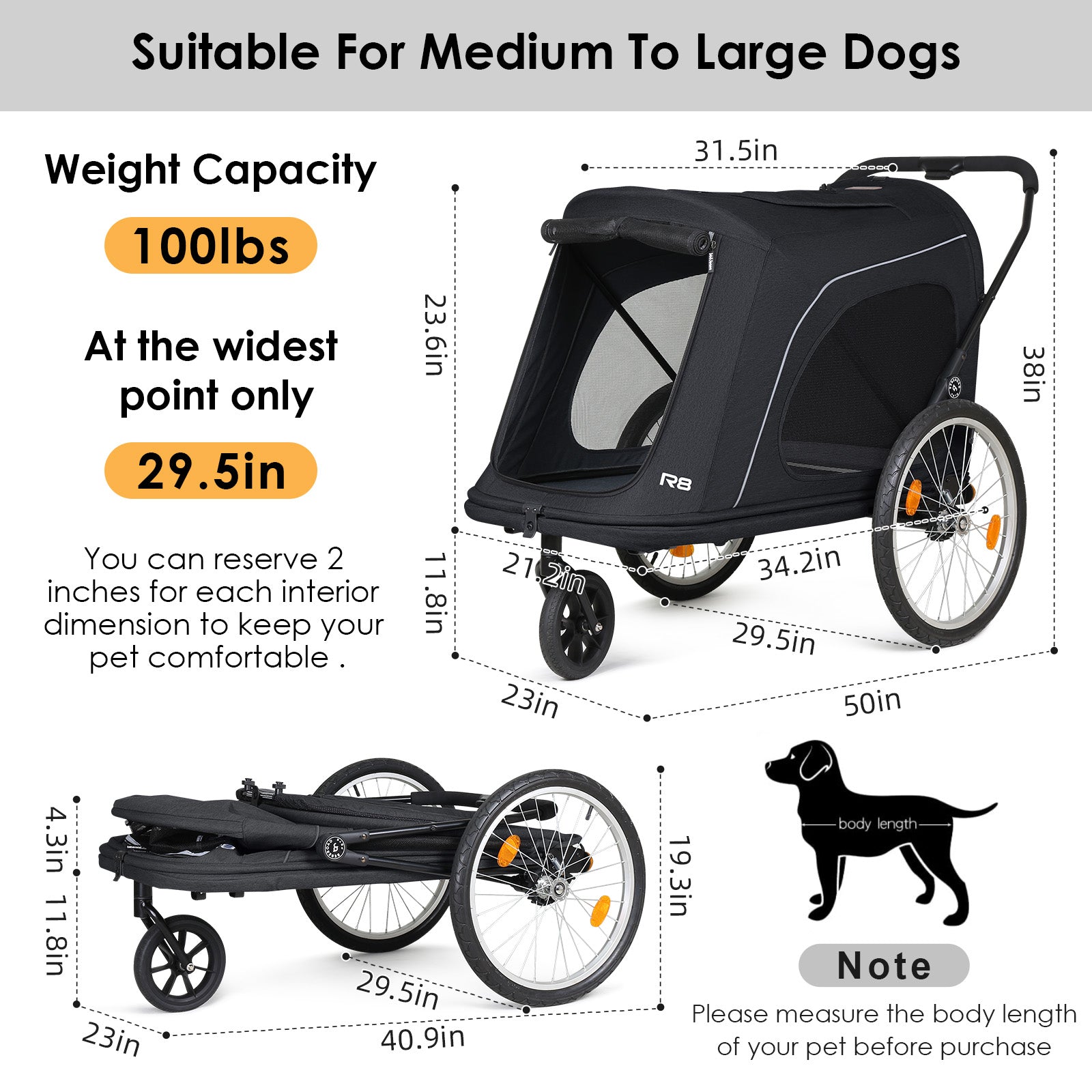 Beberoad R8 Large pet stroller | Foldable | Conveniently Carriable by Bike and Car | for Large Pets