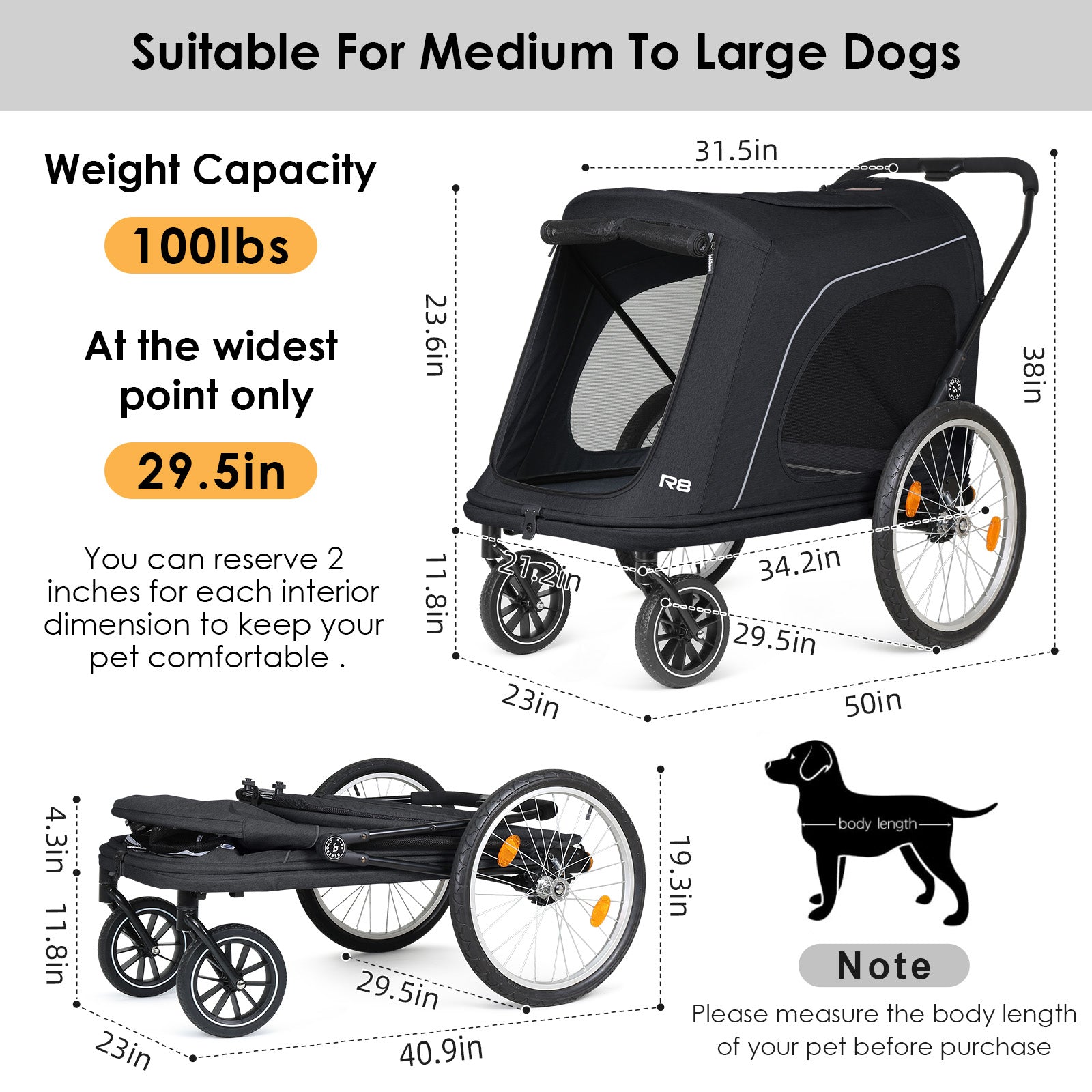 Beberoad R8 Large pet stroller | Foldable | Conveniently Carriable by Bike and Car | for Large Pets