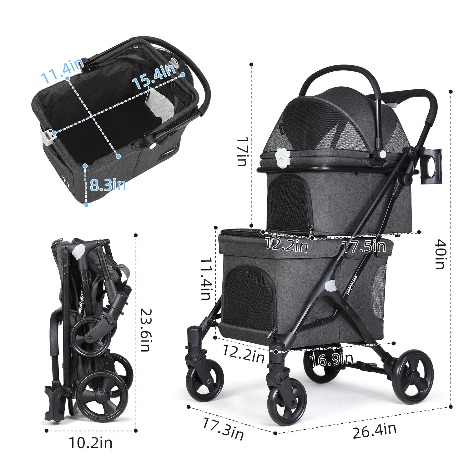 Beberoad T1 Double Pet Stroller | Lightweight Foldable | with Detachable