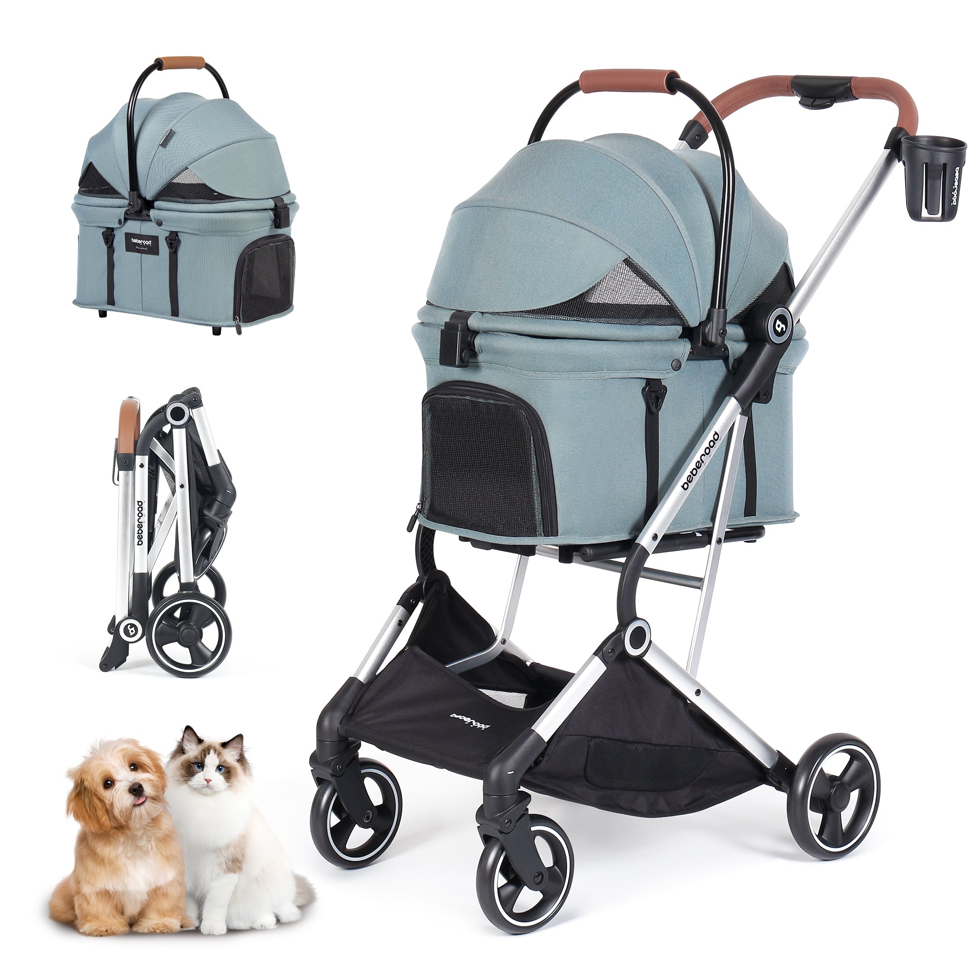 Side view of assembled Beberoad T3PRO Pet Stroller showing aluminum frame