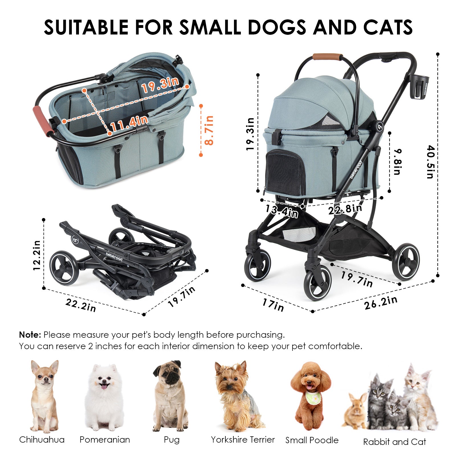 Beberoad T3 3-in-1 Pet Stroller | Detachable Carrier | with Pad, Canopy and Cup Holder
