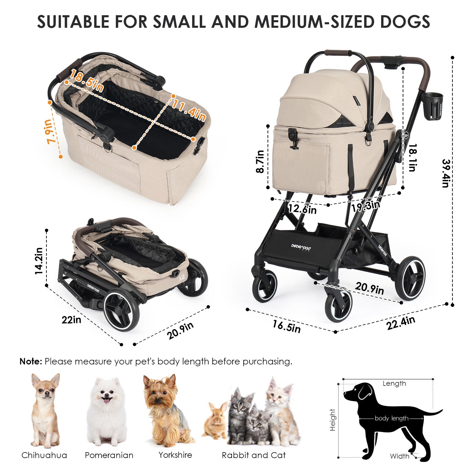 Beberoad X2 Small Pet Stroller | Detachable or One-touch Folding | Compact for Travel