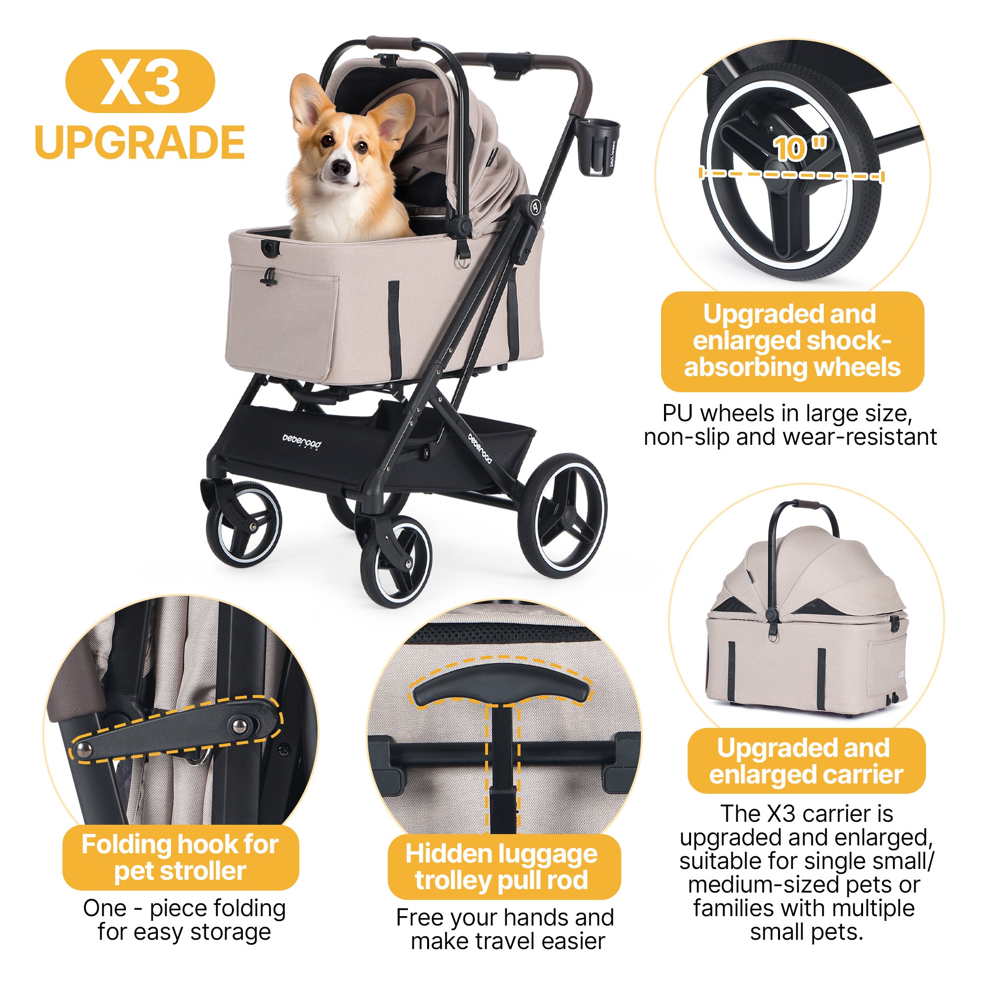 Beberoad X3 2 in 1 Pet Stroller | 4 Wheels Lightweight Foldable Carrier Dog Stroller