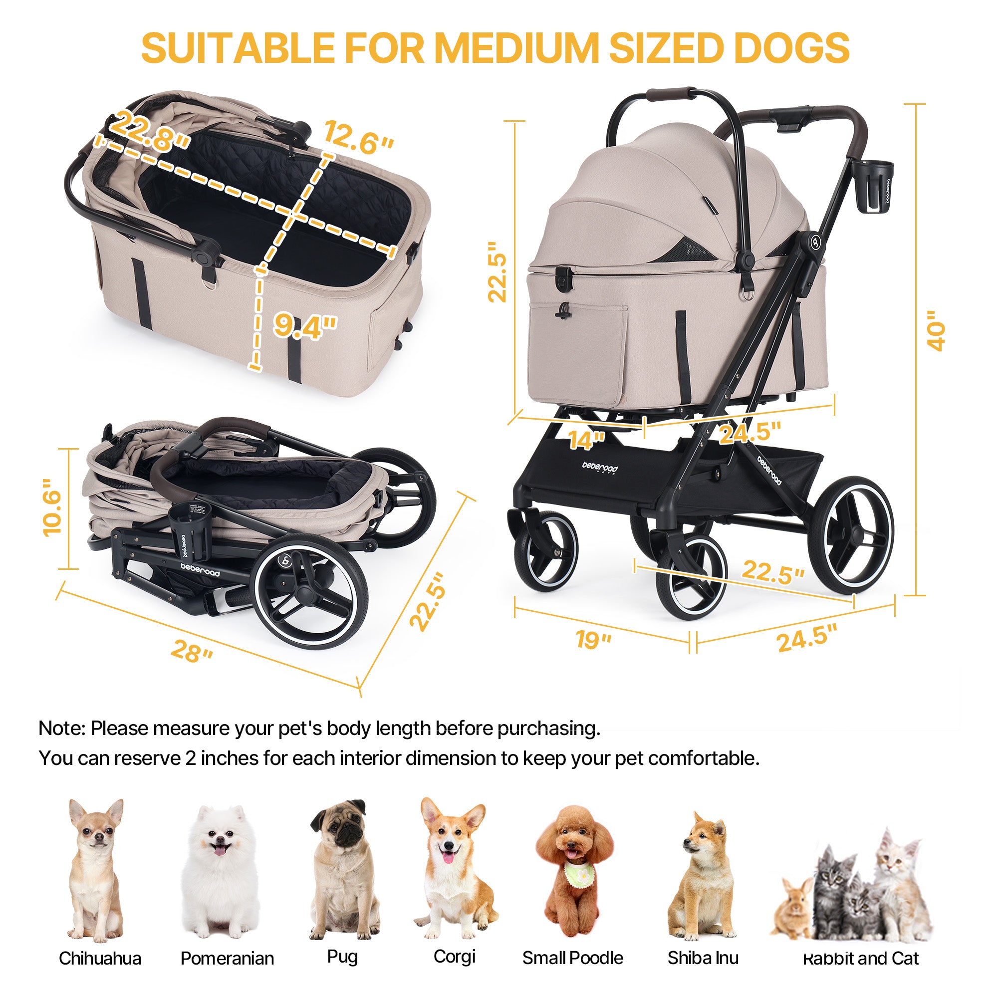 Beberoad X3 2 in 1 Pet Stroller | 4 Wheels Lightweight Foldable Carrier Dog Stroller