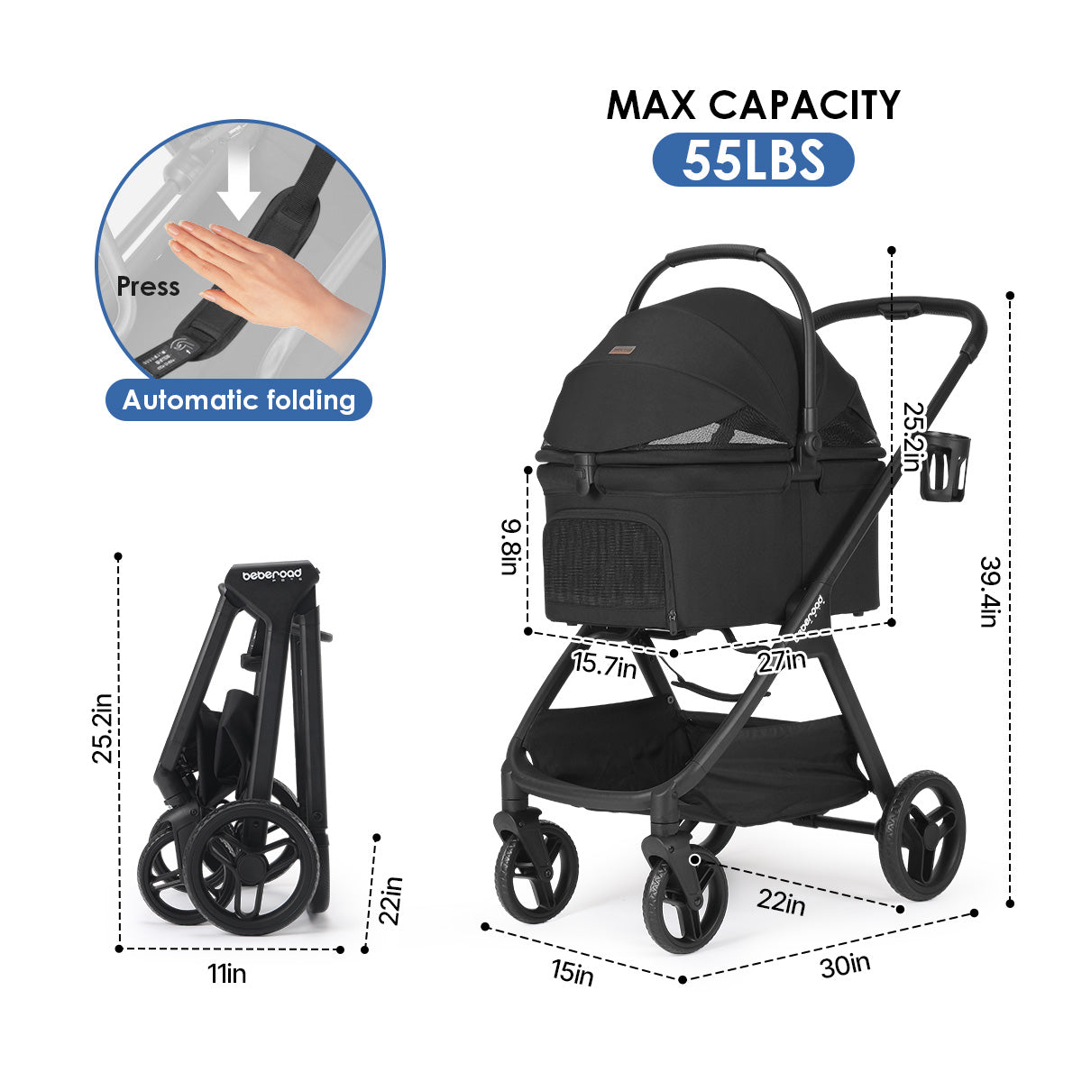 Beberoad X5 Luxury Pet Stroller | Detachable Carrier | for Medium Pets