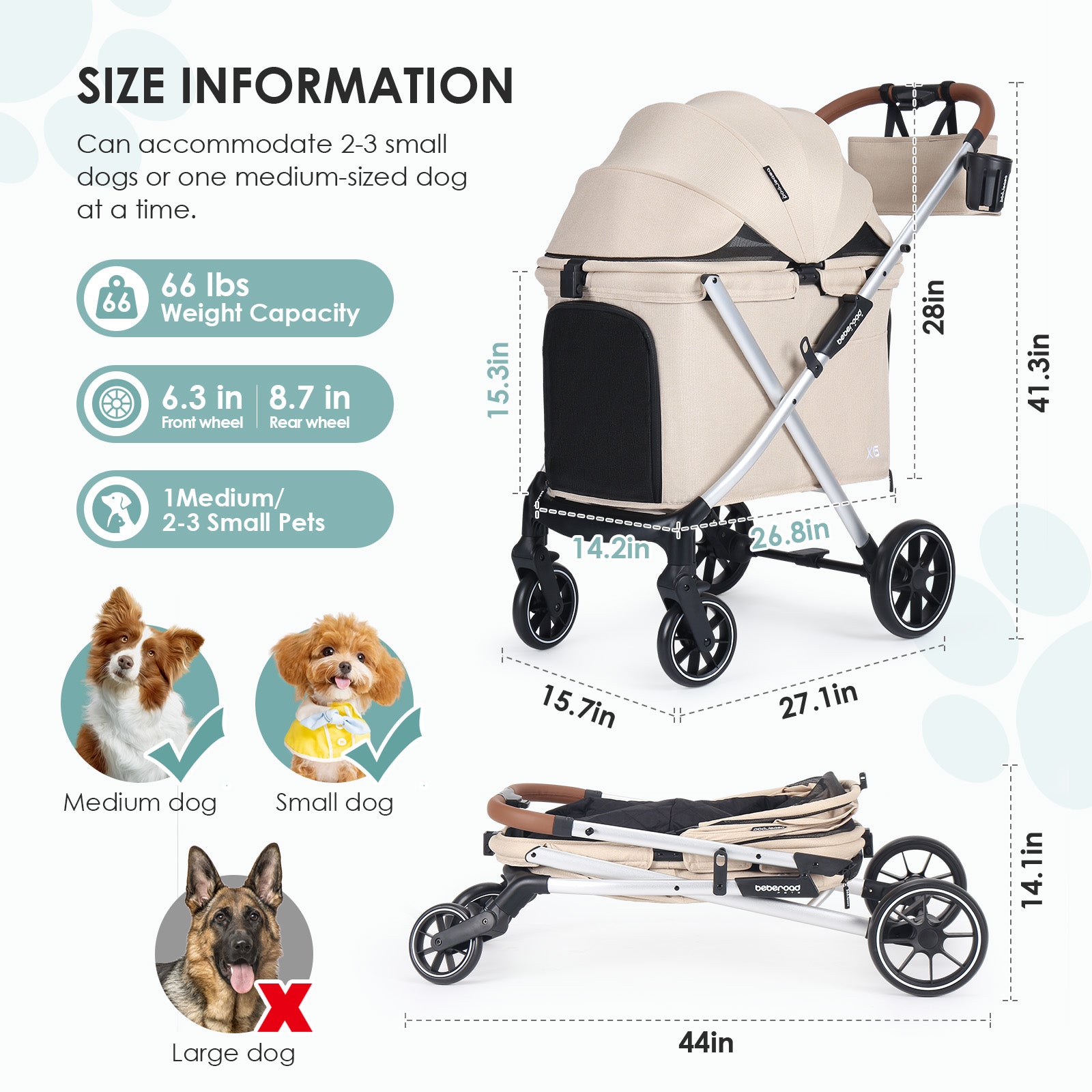 Beberoad X6 Luxury Medium Pet Stroller | One-Second Fold Design | 180° Canopy