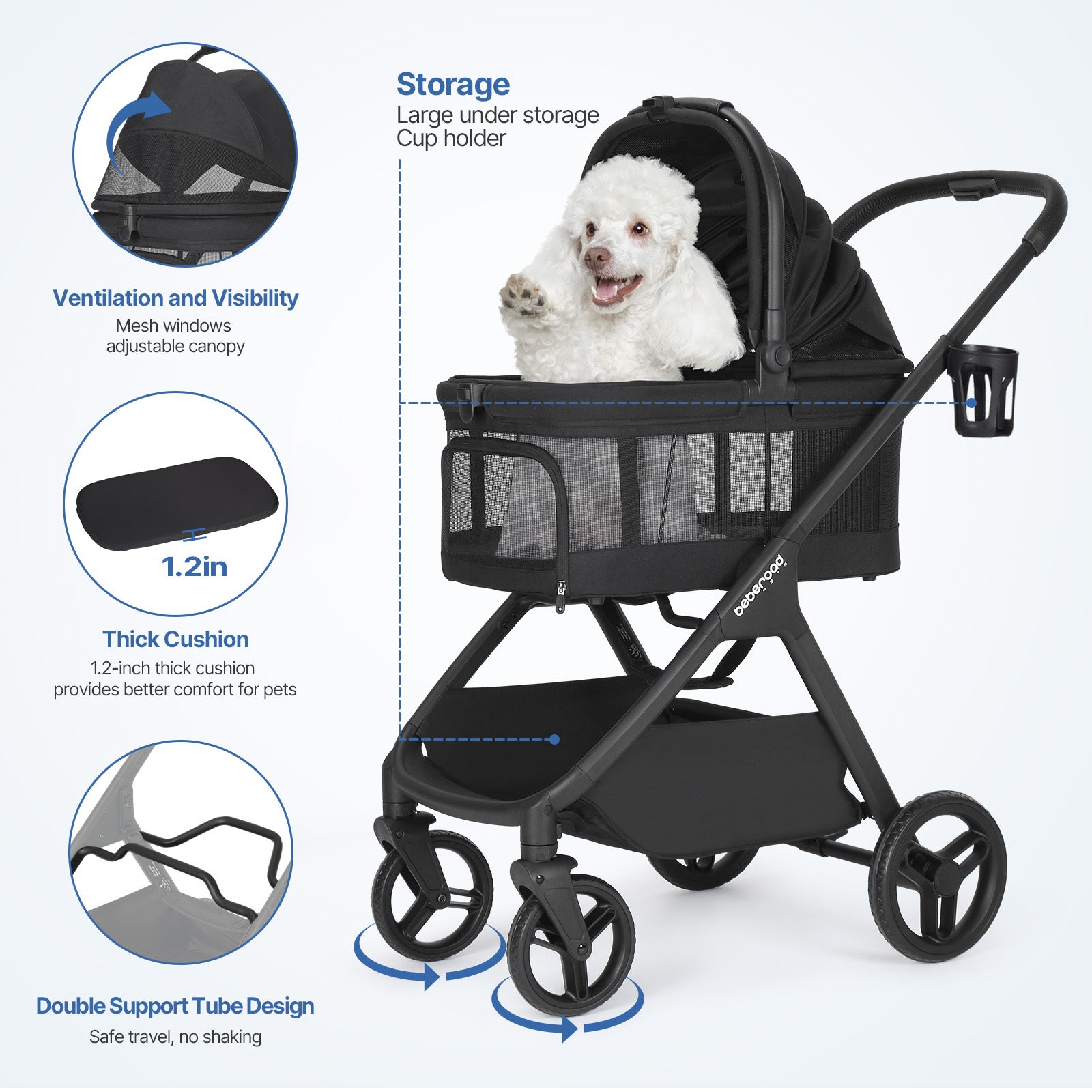 Beberoad X5 PRO Luxury Pet Stroller with detachable carrier for medium dogs and cats-15