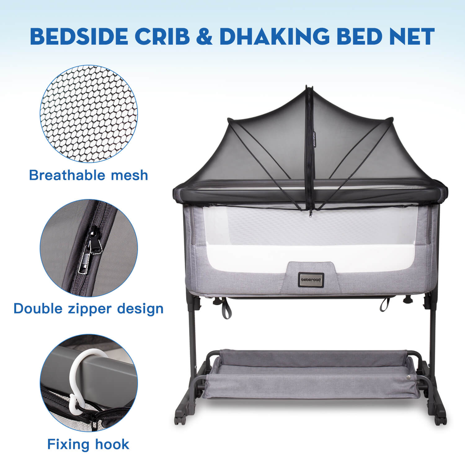Beberoad Bassinet Cover Mosquito Net Cover | with 2-Way Zipper | for Bassinet/Bedside Sleeper/Travel Crib