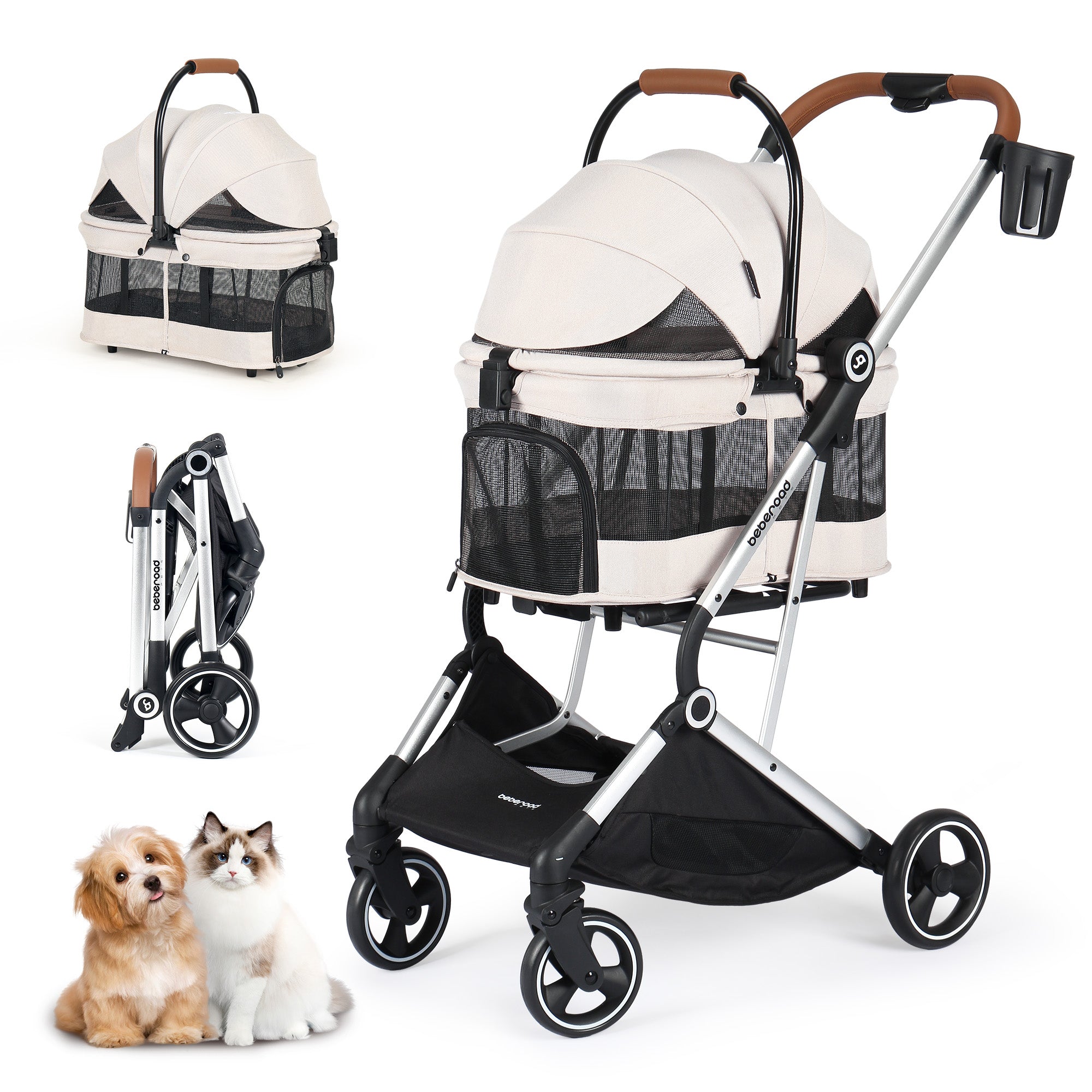 Beberoad T3 3-in-1 Pet Stroller | Detachable Carrier | with Pad, Canopy and Cup Holder