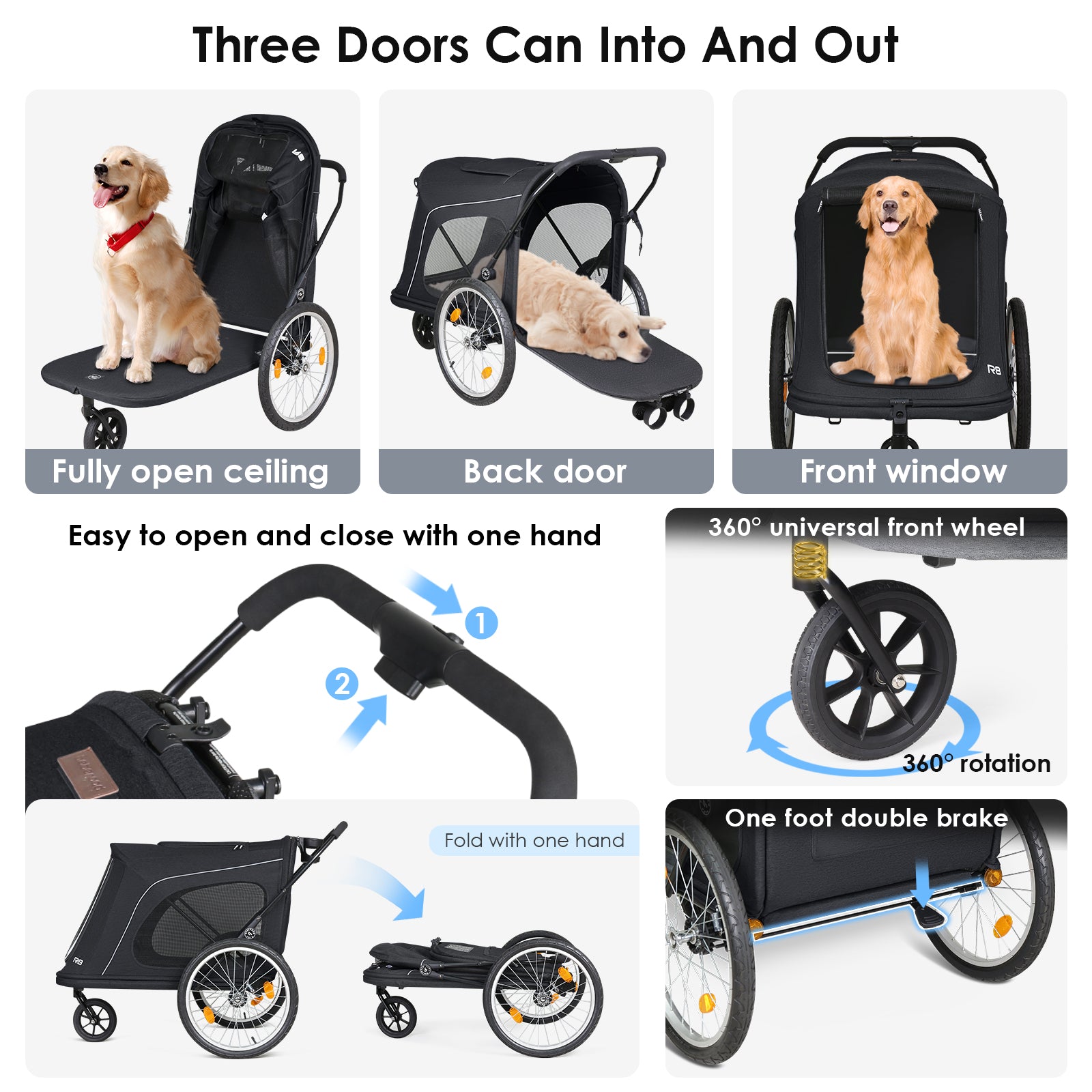 R8 Three-Wheel Pet Stroller Opening Method-Black