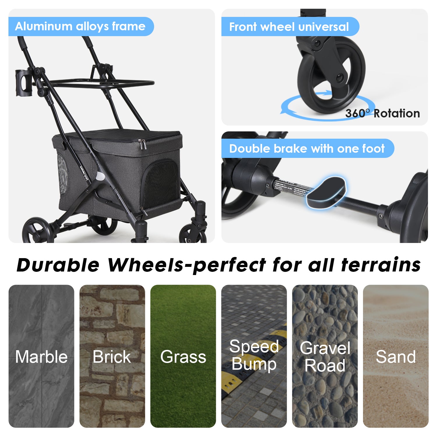 Beberoad T1 double pet stroller riding smoothly on different terrains