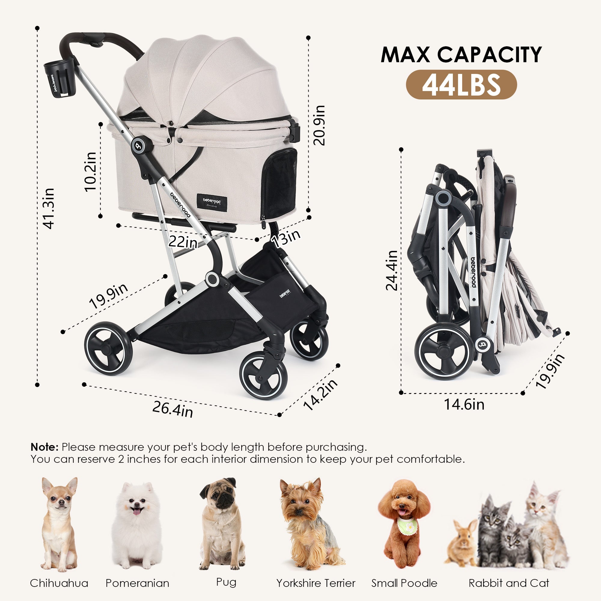 Beberoad T4 Pet Stroller | 4 Wheels Folding | for Small & Medium Pets