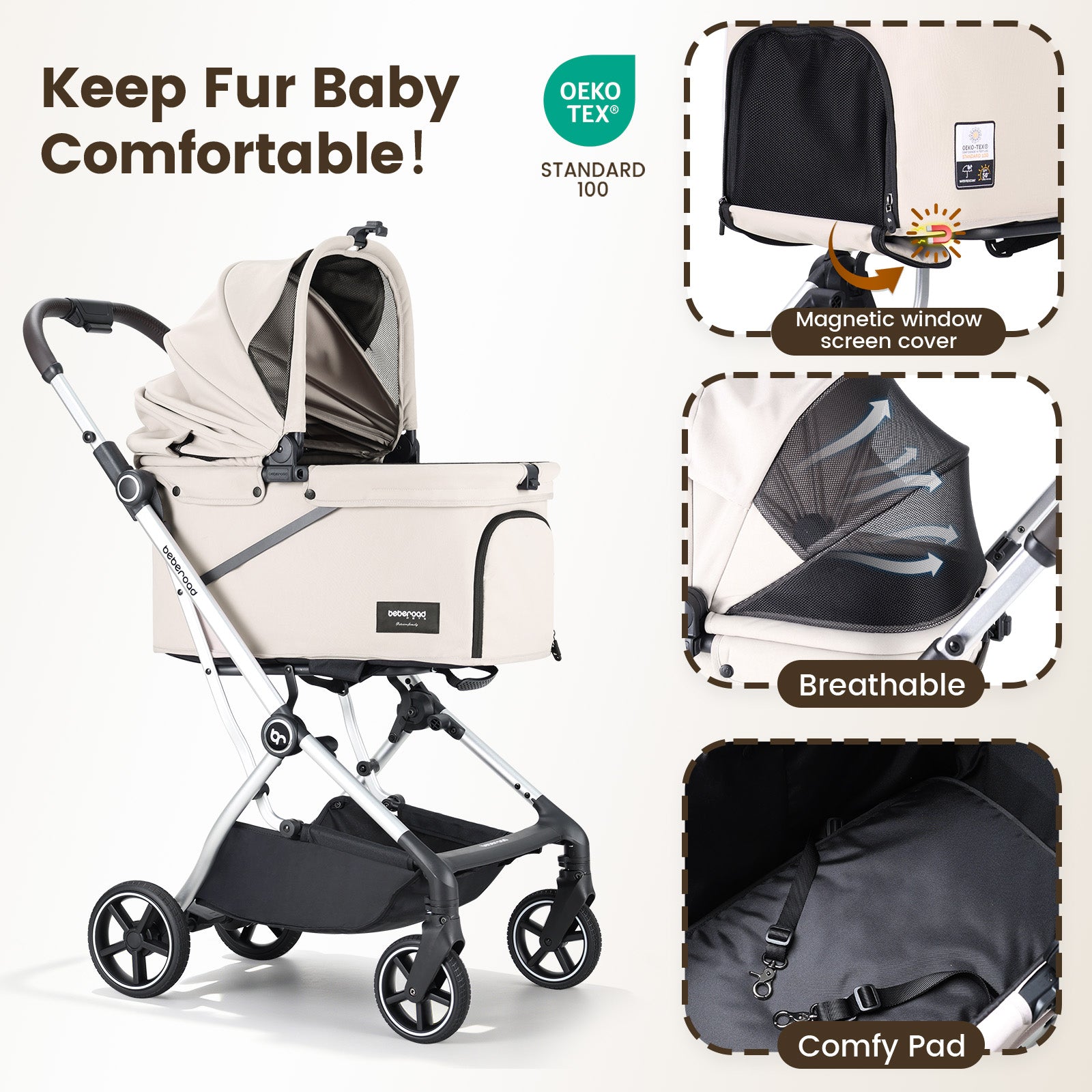 Beberoad T4 Max Auto-Fold Pet Stroller | For 2 Small Cats & Medium Dog
