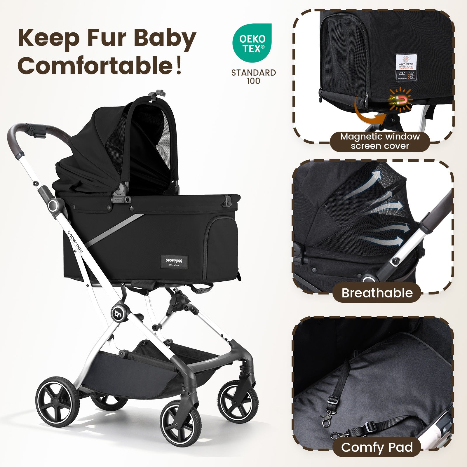 Beberoad T4 Max Auto-Fold Pet Stroller | For 2 Small Cats & Medium Dog