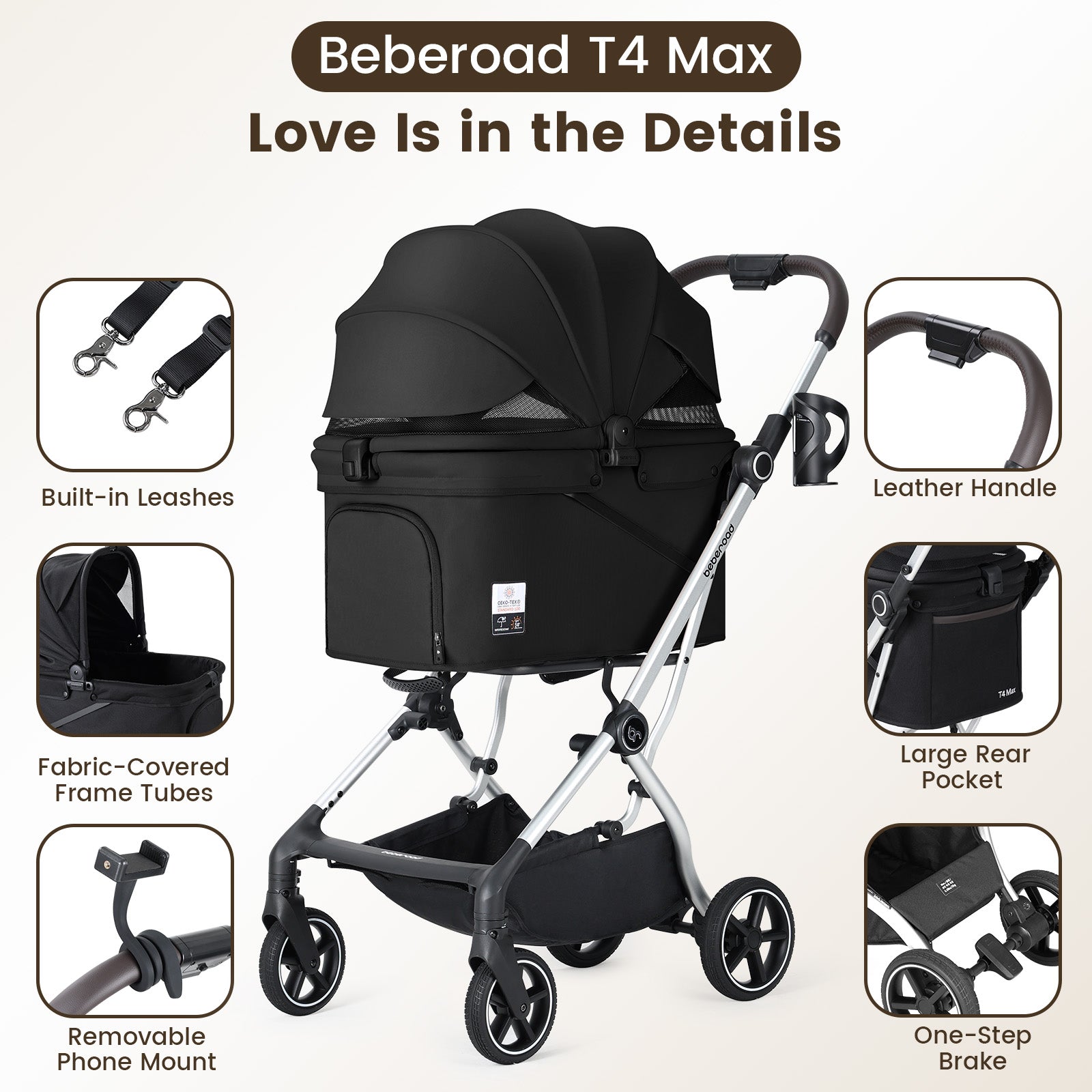Beberoad T4 Max Auto-Fold Pet Stroller | For 2 Small Cats & Medium Dog