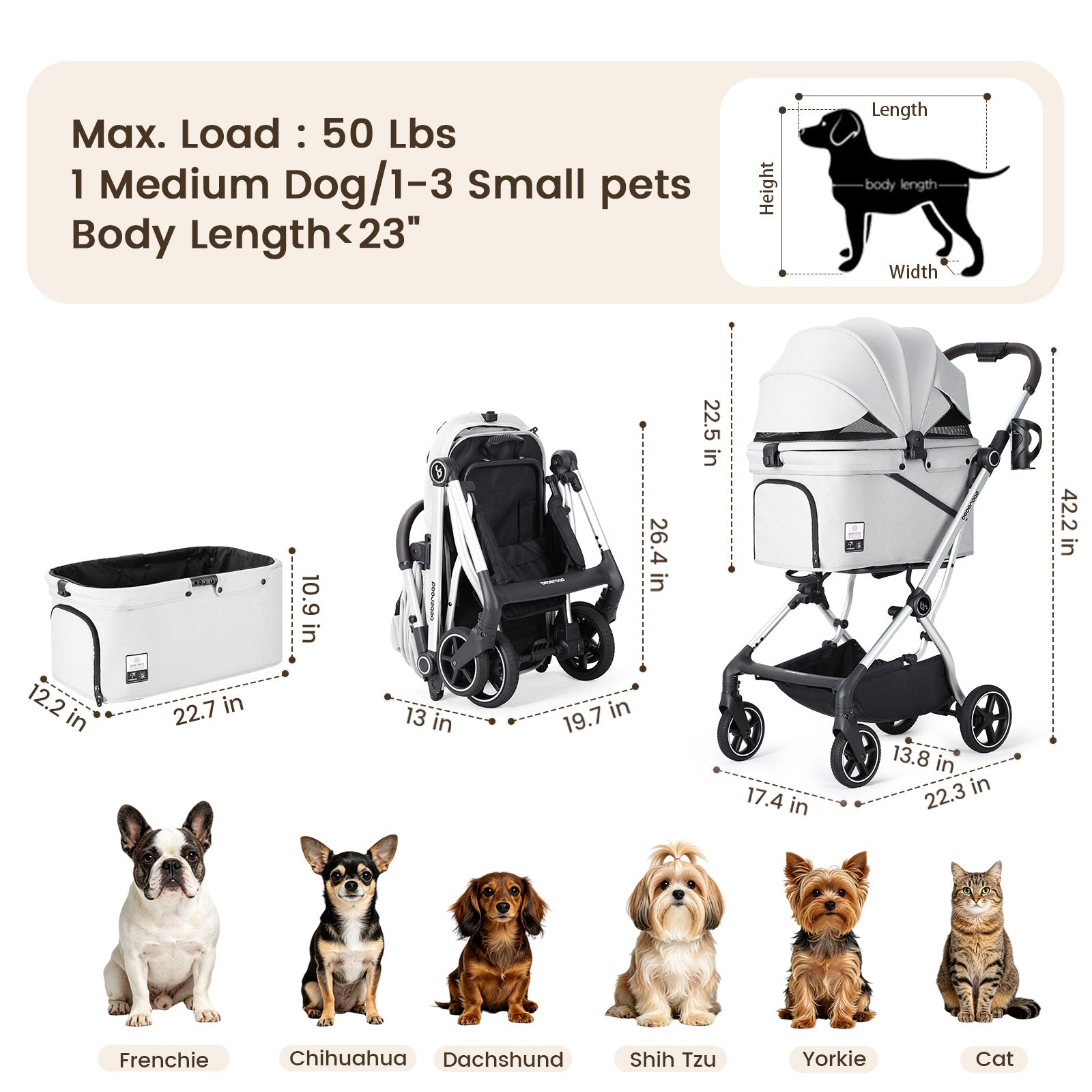 Beberoad T4 Max Auto-Fold Pet Stroller | For 2 Small Cats & Medium Dog