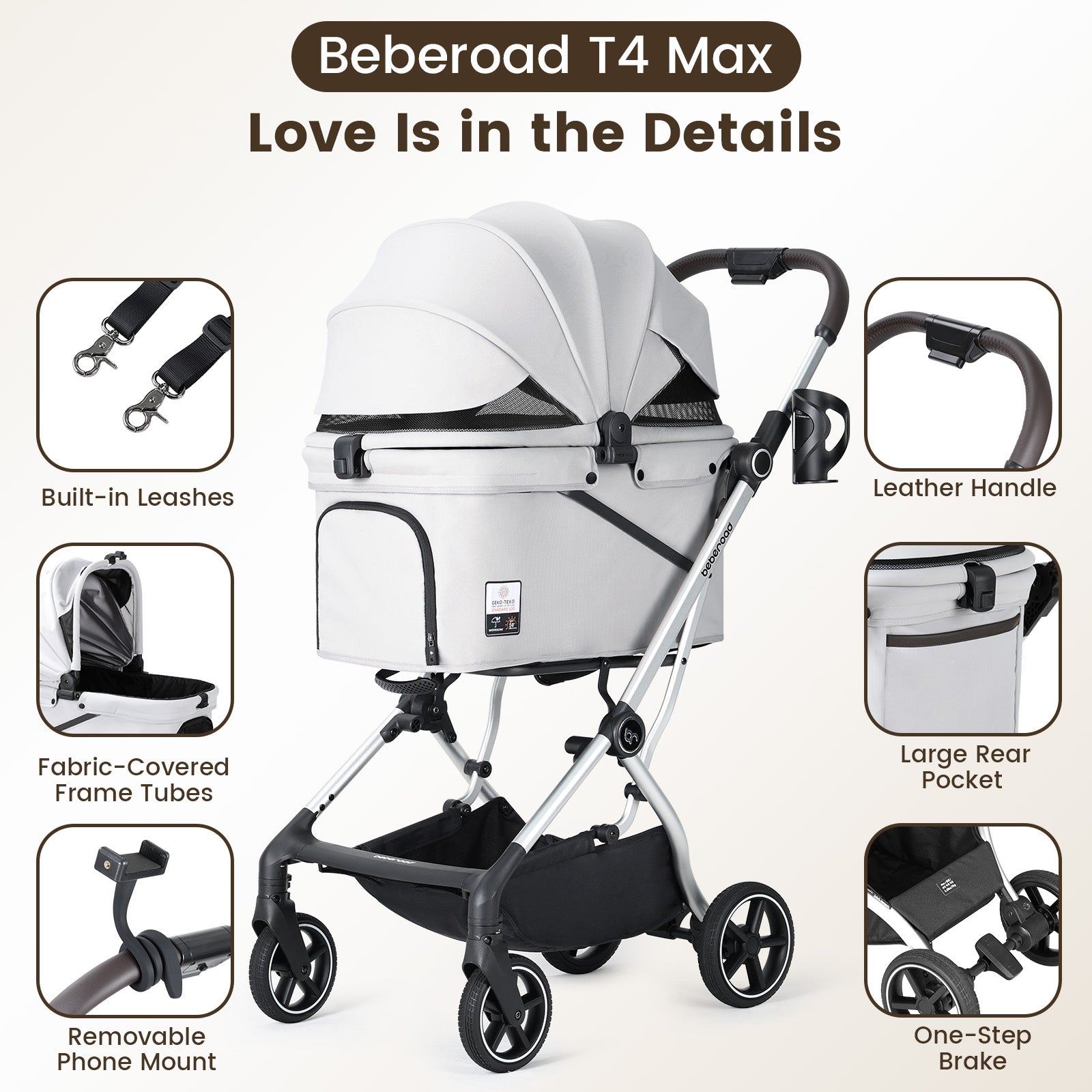 Beberoad T4 Max Auto-Fold Pet Stroller | For 2 Small Cats & Medium Dog
