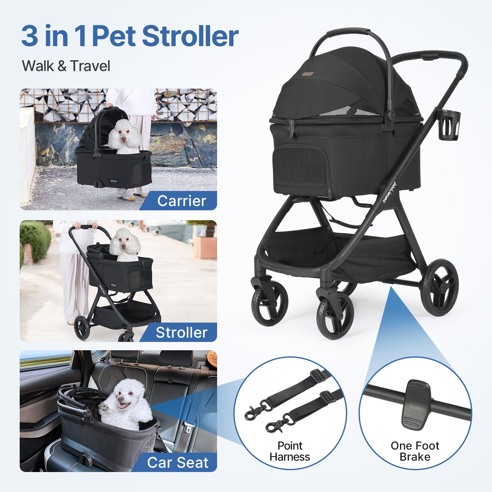 Beberoad X5 Luxury Pet Stroller | Detachable Carrier | for Medium Pets