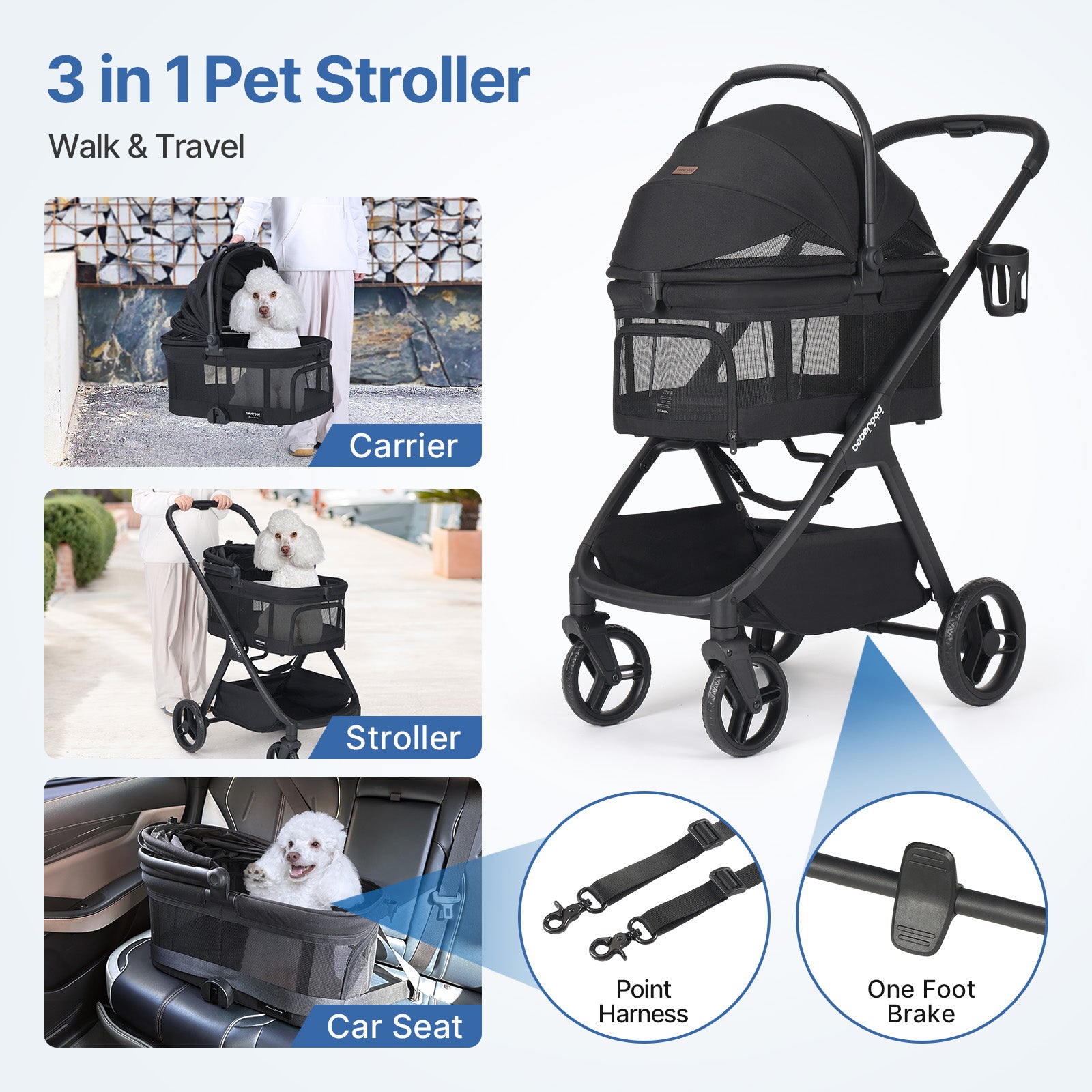Beberoad X5 Luxury Pet Stroller | Detachable Carrier | for Medium Pets