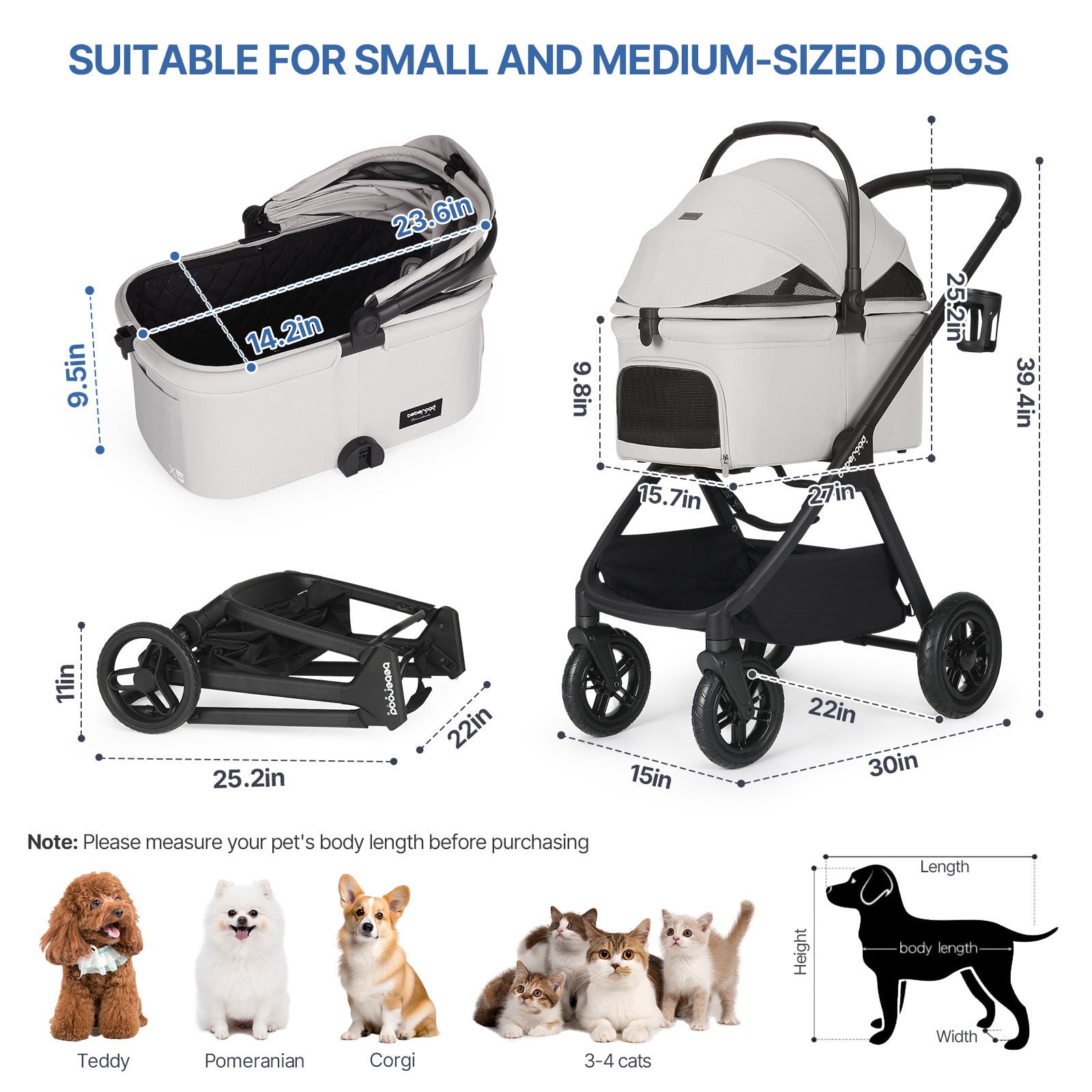 Beberoad X5 Luxury Pet Stroller | Detachable Carrier | for Medium Pets