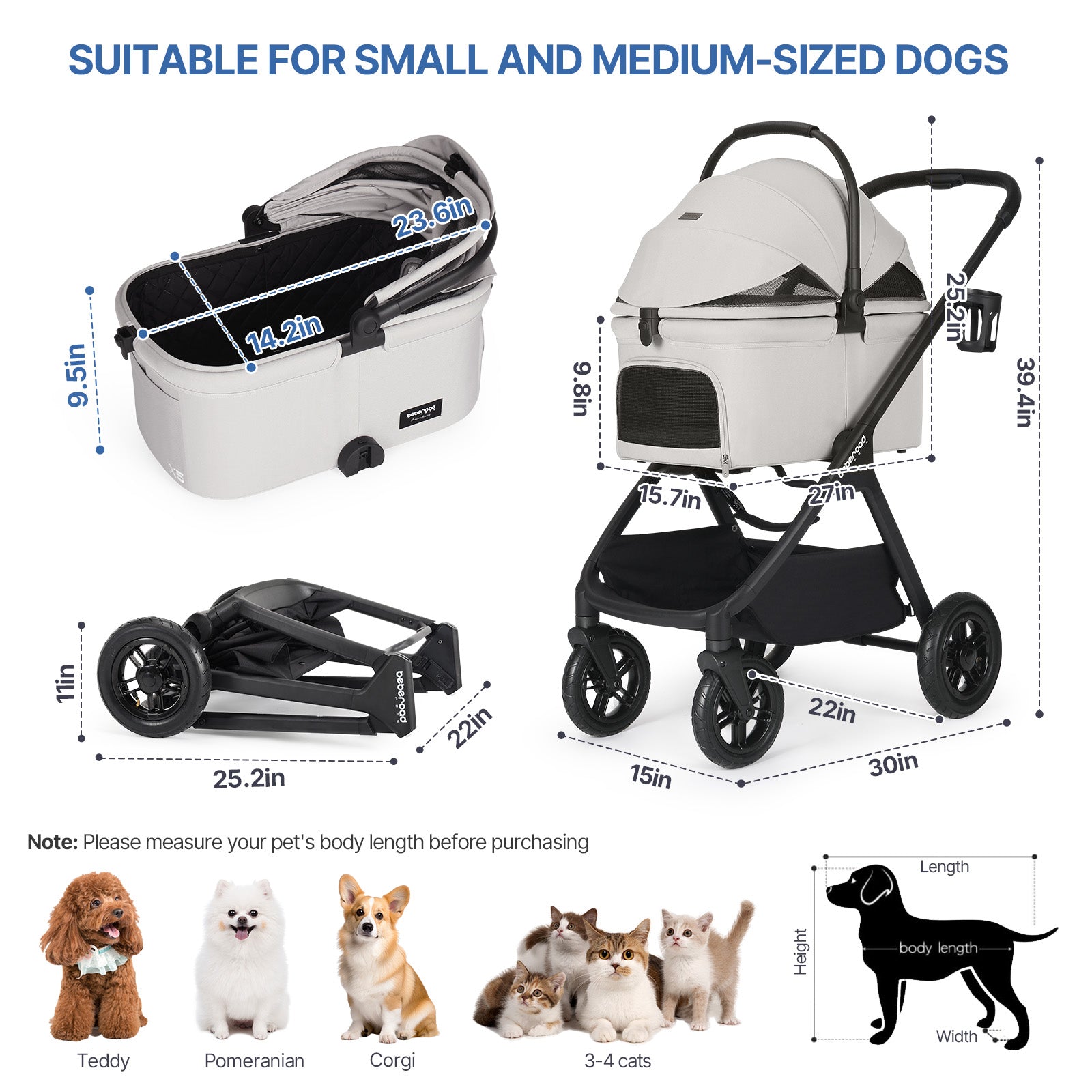 Beberoad X5 Pro Luxury Pet Stroller | Detachable Carrier | for Medium Pets