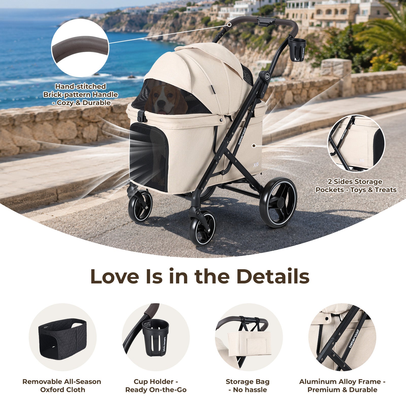 Beberoad X6 Luxury Medium Pet Stroller | One-Second Fold Design | 180° Canopy