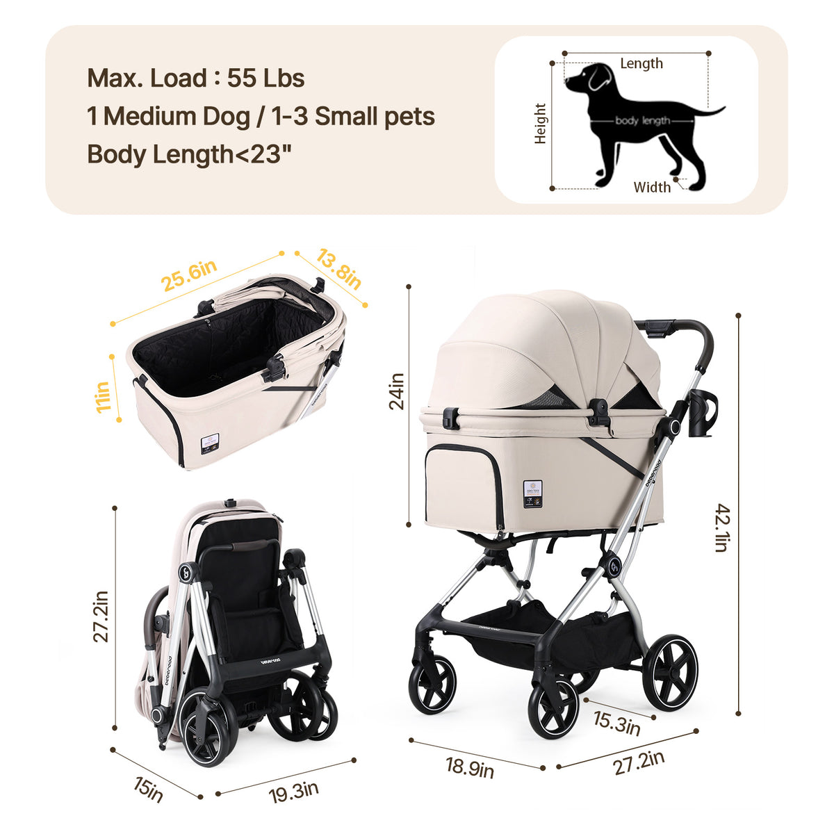 Beberoad T5 Max Auto-Fold Pet Stroller for Medium Dogs & Cats