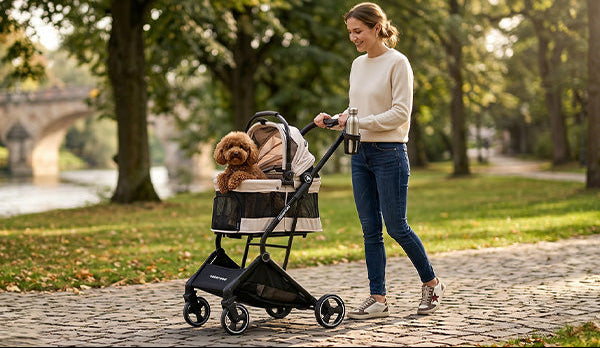 Pet parent enjoying a walk with a Beberoad pet stroller