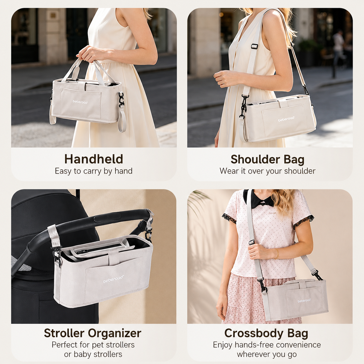Multi-purpose stroller bag with hand carry, shoulder and crossbody options