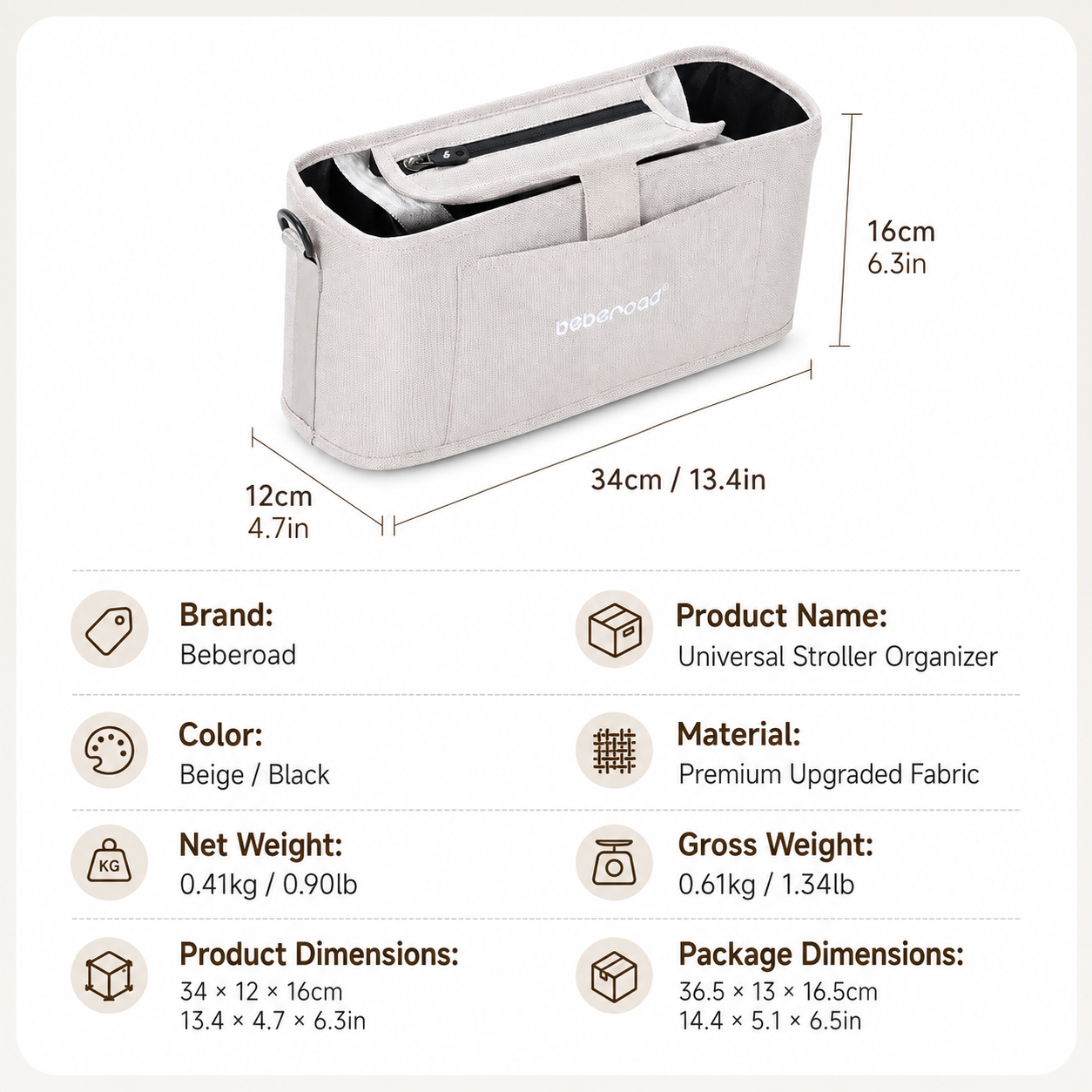Beberoad pet stroller hanging bag dimensions, materials and product specifications