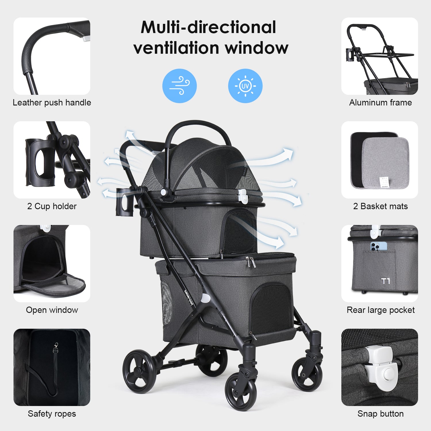 Beberod T1 Double Pet Stroller multi-directional ventilation window