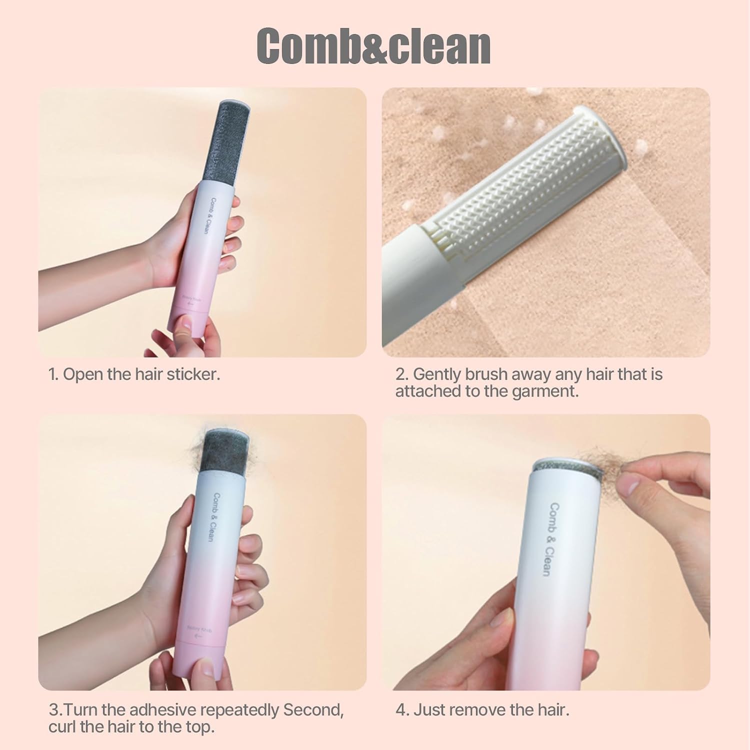 Reusable pet hair remover, 4‑step operation guide to brush and clean lint and pet fur