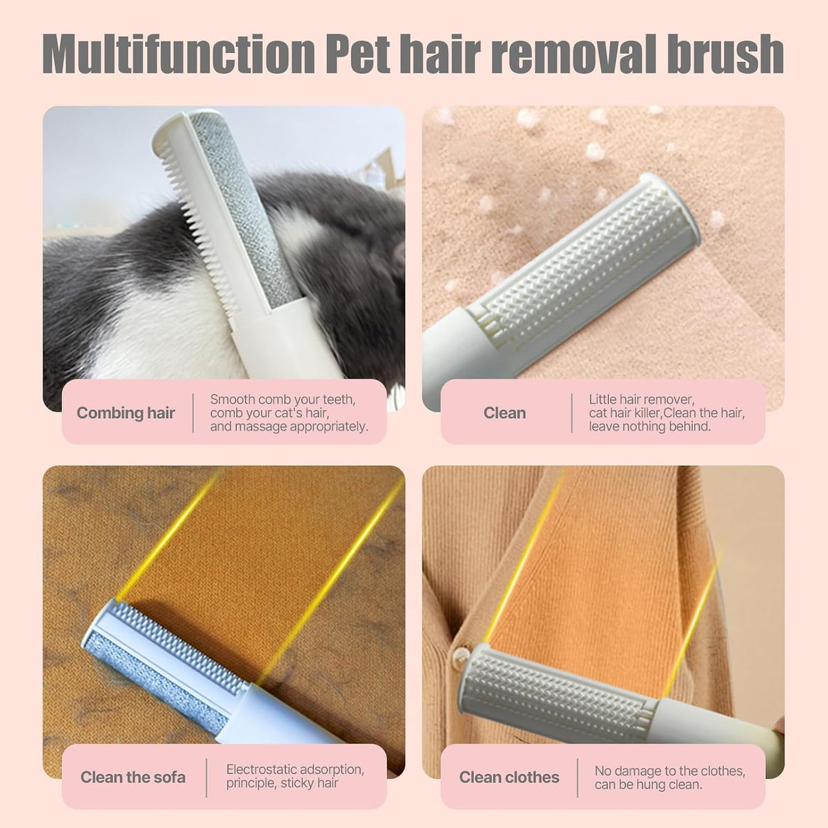 4‑in‑1 pet hair remover brush, removes pets' hair from fabric, sofa and clothing