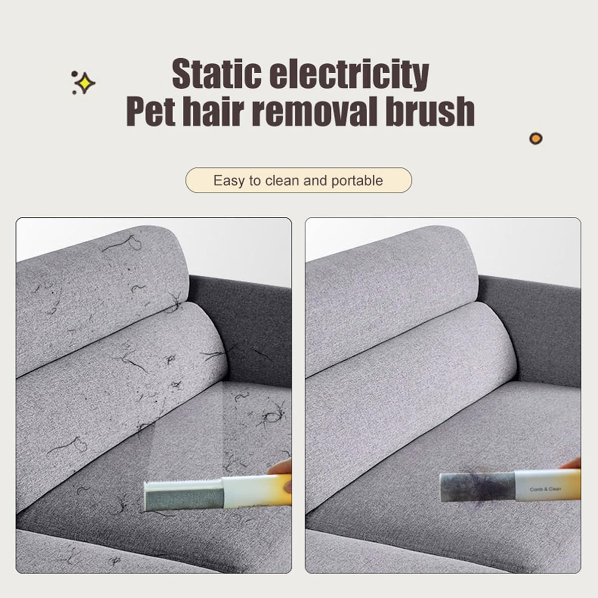 Static pet hair remover brush, portable and easy to clean fur off sofas