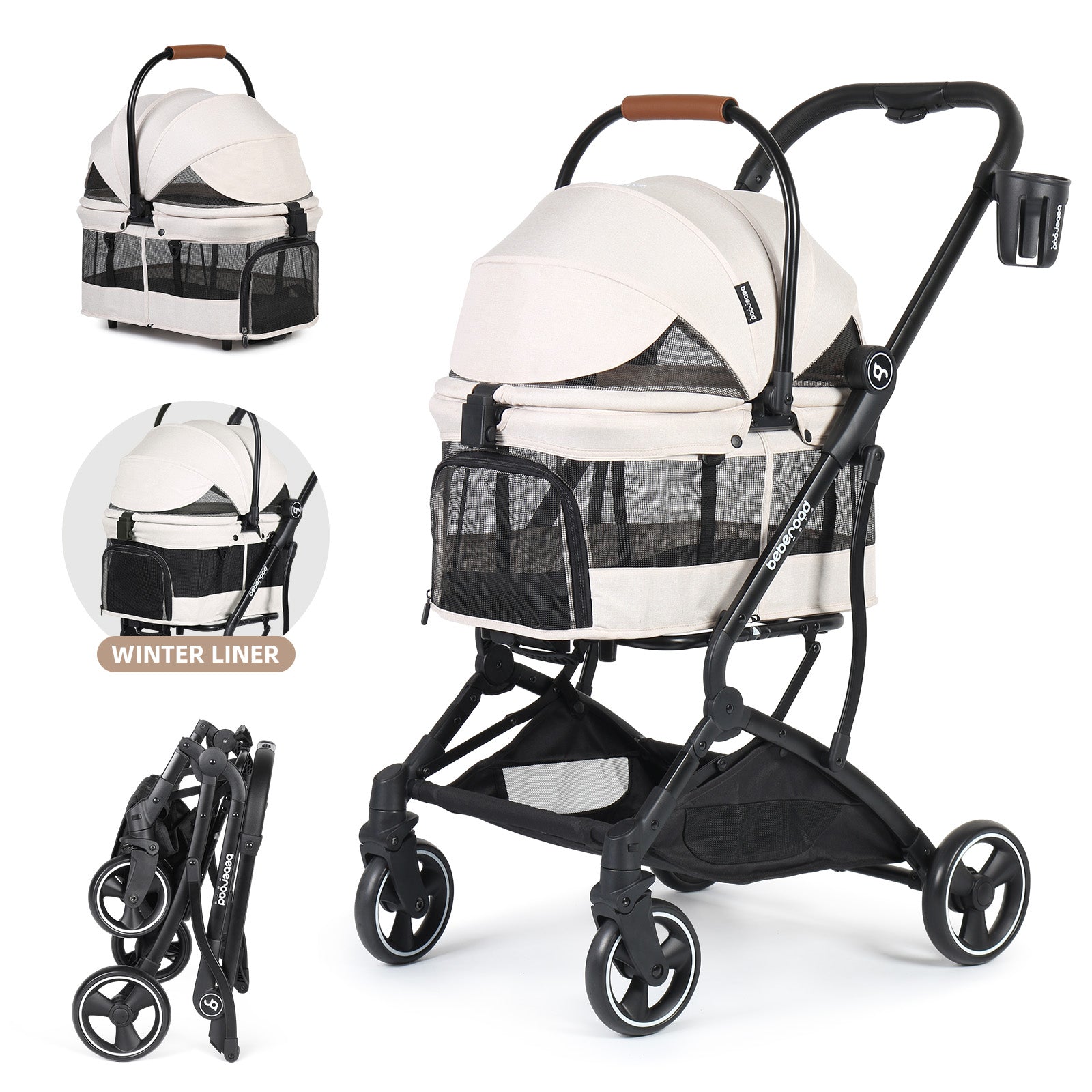 Beberoad T3 3-in-1 Pet Stroller | Detachable Carrier | with Pad, Canopy and Cup Holder