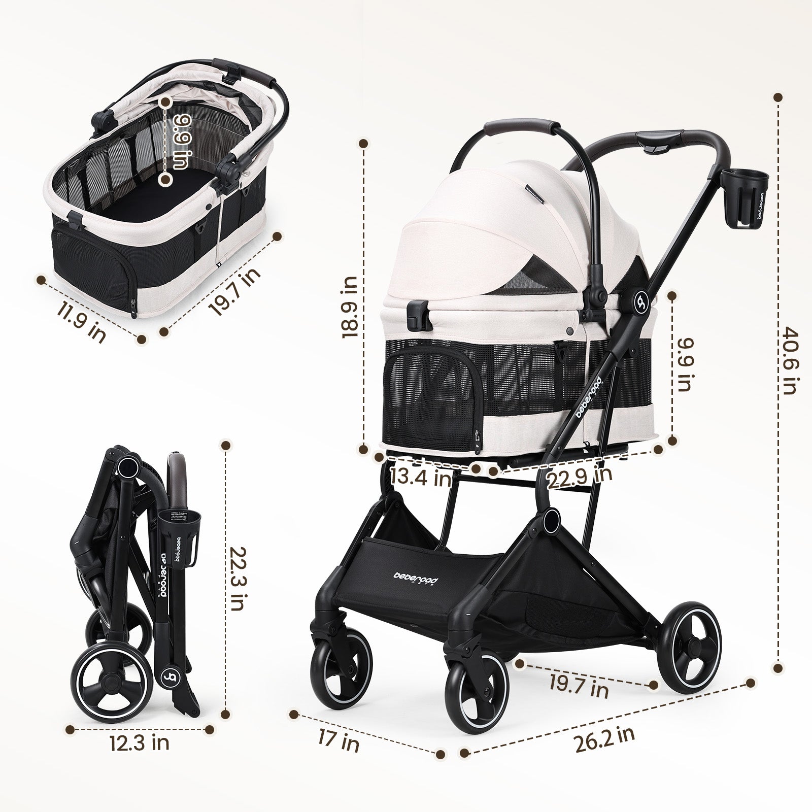 Beberoad T3 3-in-1 Pet Stroller | Detachable Carrier | with Pad, Canopy and Cup Holder
