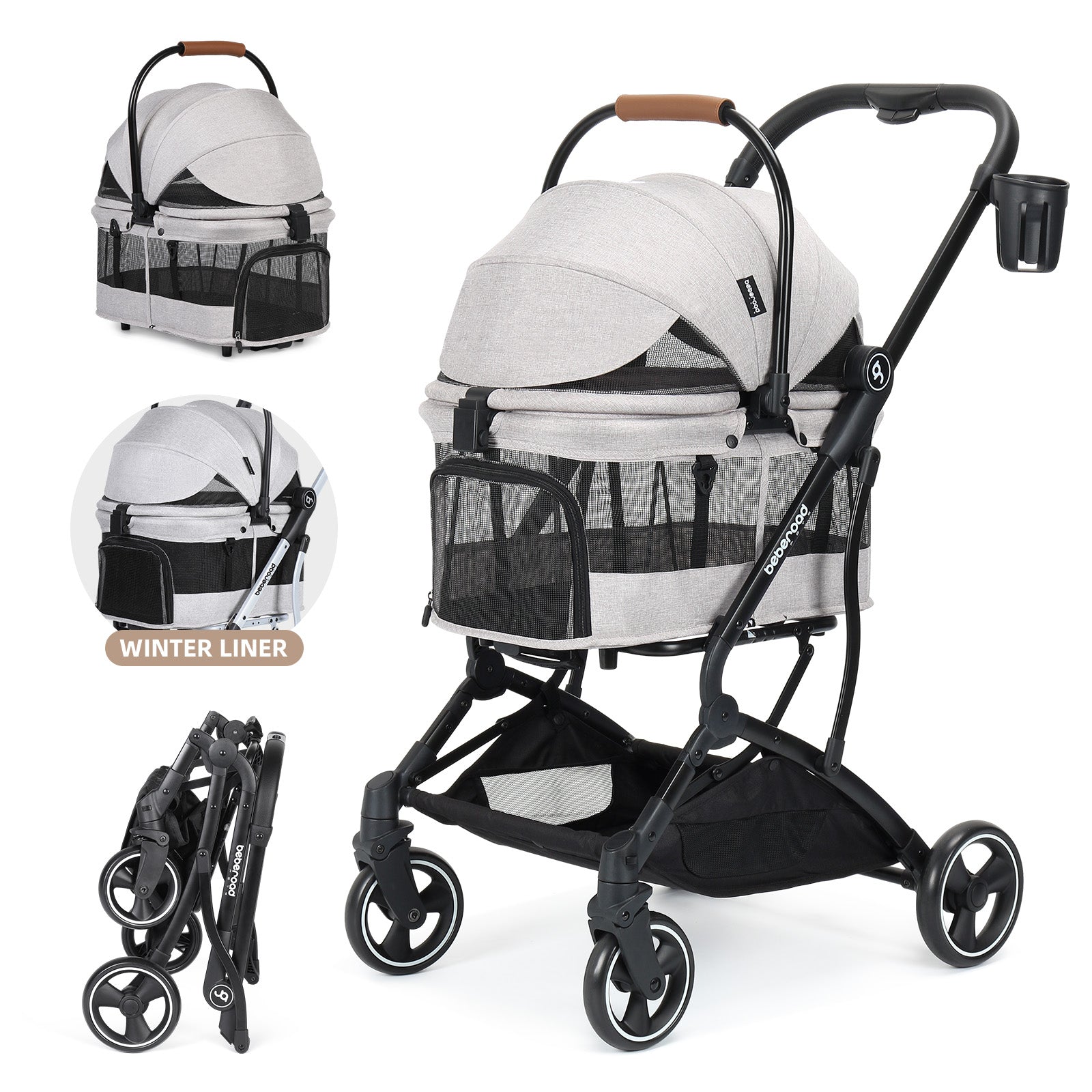 Beberoad T3 3-in-1 Pet Stroller | Detachable Carrier | with Pad, Canopy and Cup Holder