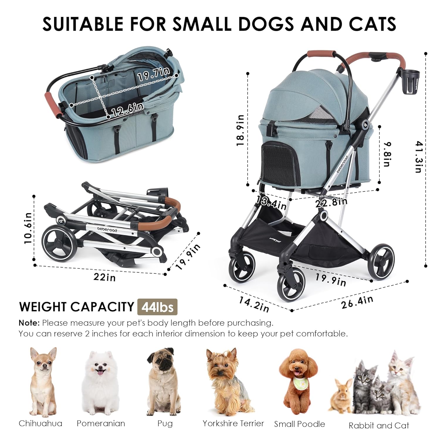 Beberoad T3 Pro Pet Stroller | Detachable Stroller & Carrier | For Small Pet