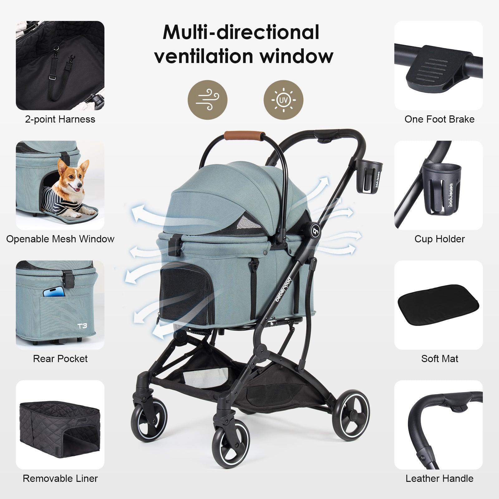 Beberoad T3 3-in-1 Pet Stroller | Detachable Carrier | with Pad, Canopy and Cup Holder