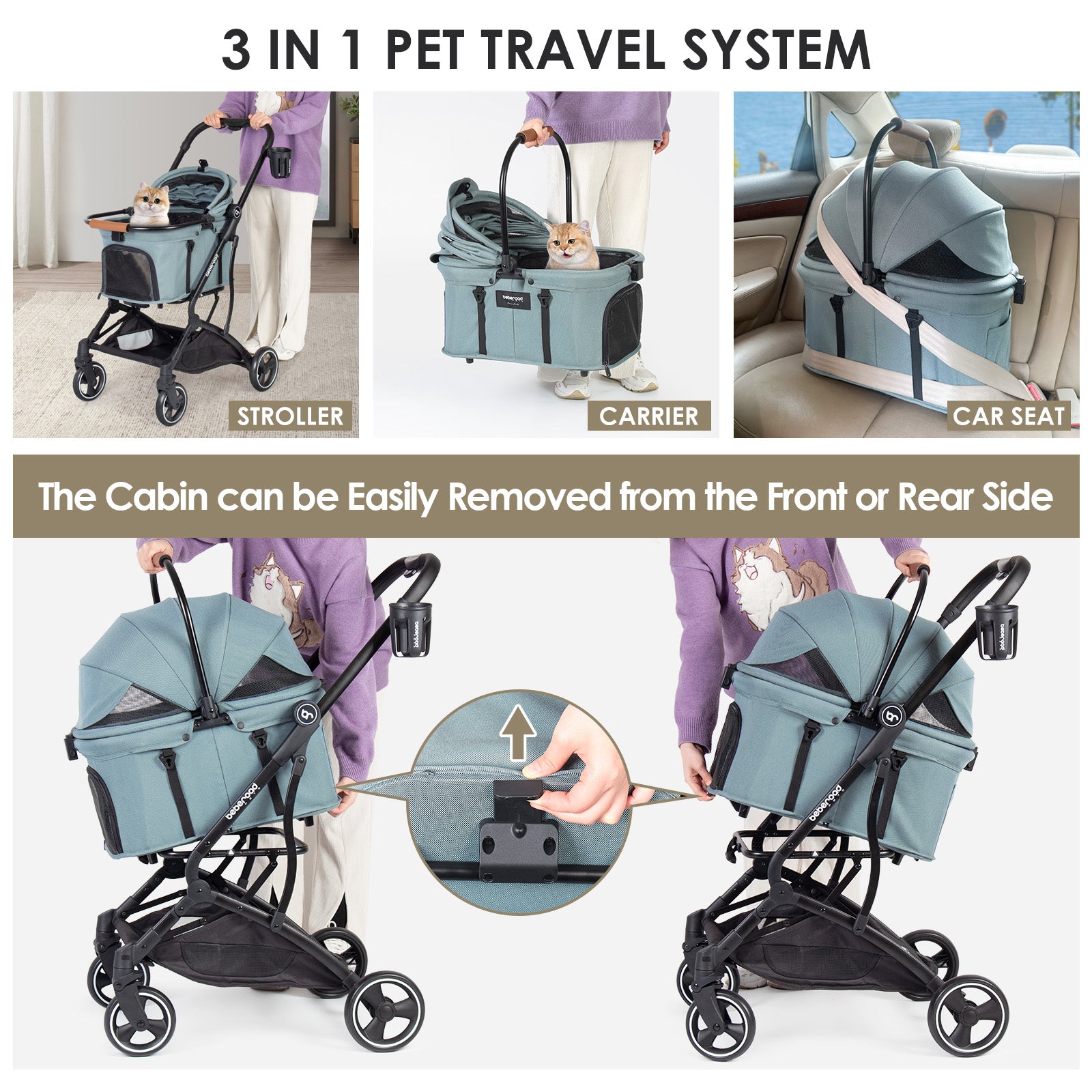Beberoad T3 3-in-1 Pet Stroller | Detachable Carrier | with Pad, Canopy and Cup Holder