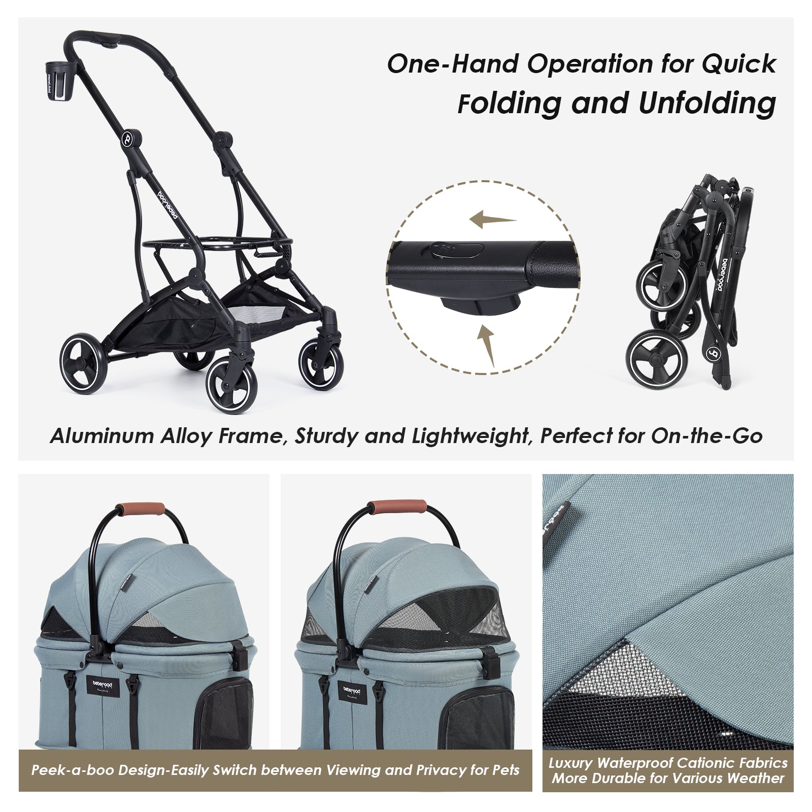 Beberoad T3 3-in-1 Pet Stroller | Detachable Carrier | with Pad, Canopy and Cup Holder