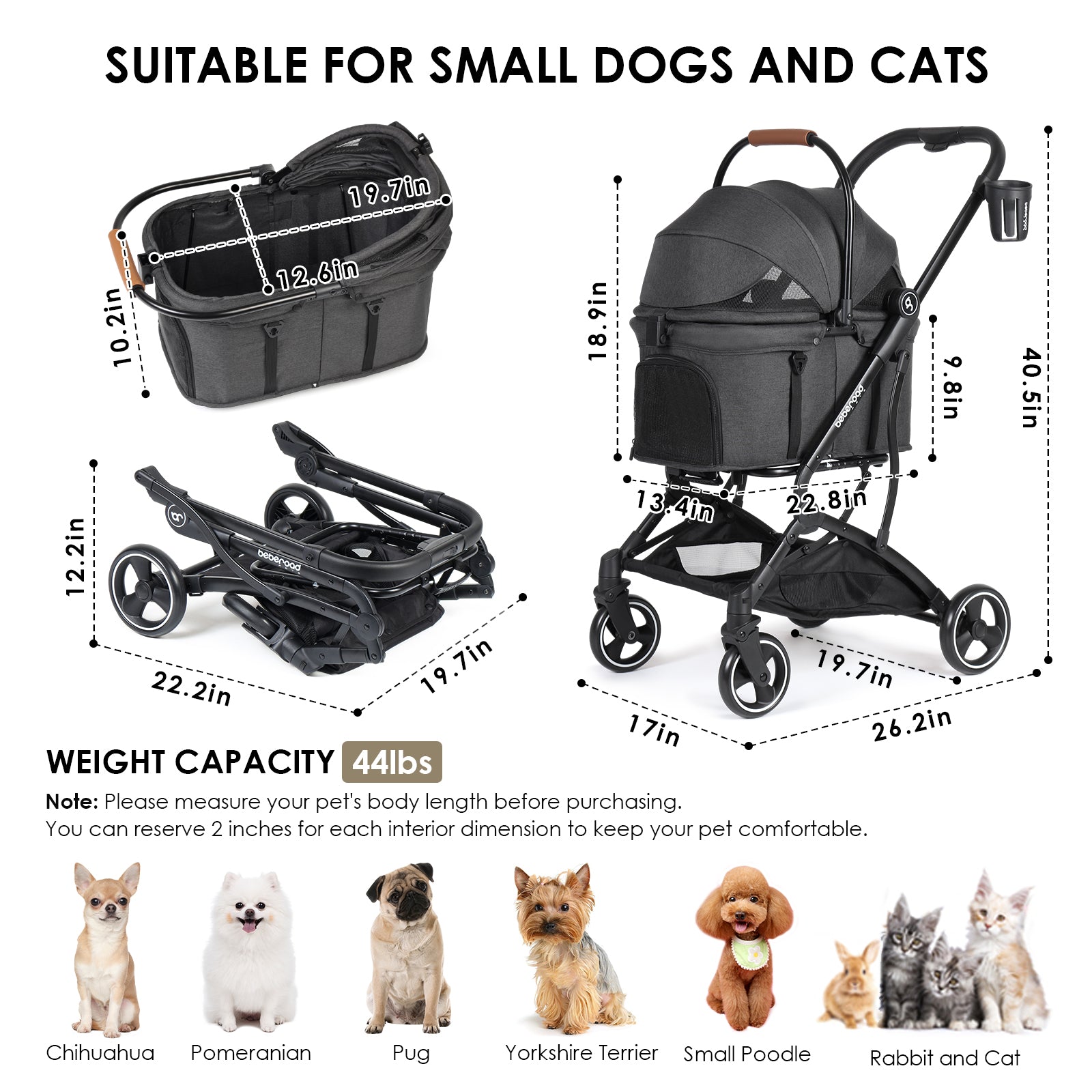 Beberoad T3 3-in-1 Pet Stroller | Detachable Carrier | with Pad, Canopy and Cup Holder
