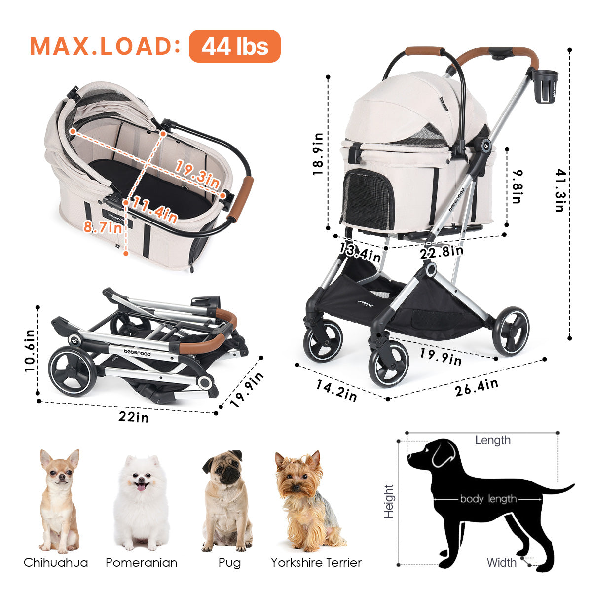Beberoad T3 Pro 3-in-1 Pet Stroller | Foldable & Lightweight Dog